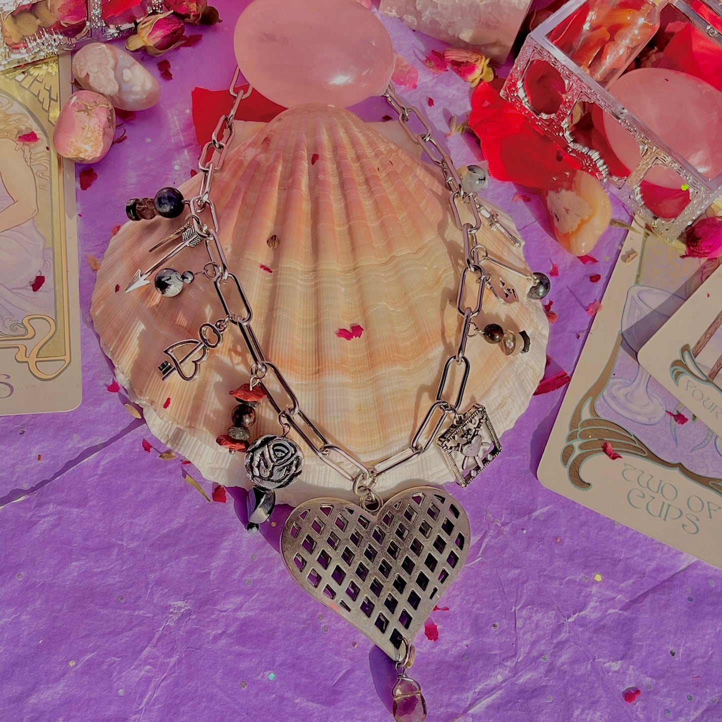 healing heart stainless steel charm necklace ~ smokey quartz, hematite, snowflake & mahogany obsidian, tourmalinated quartz, red jasper, red tigers eye, black moonstone & larvikite