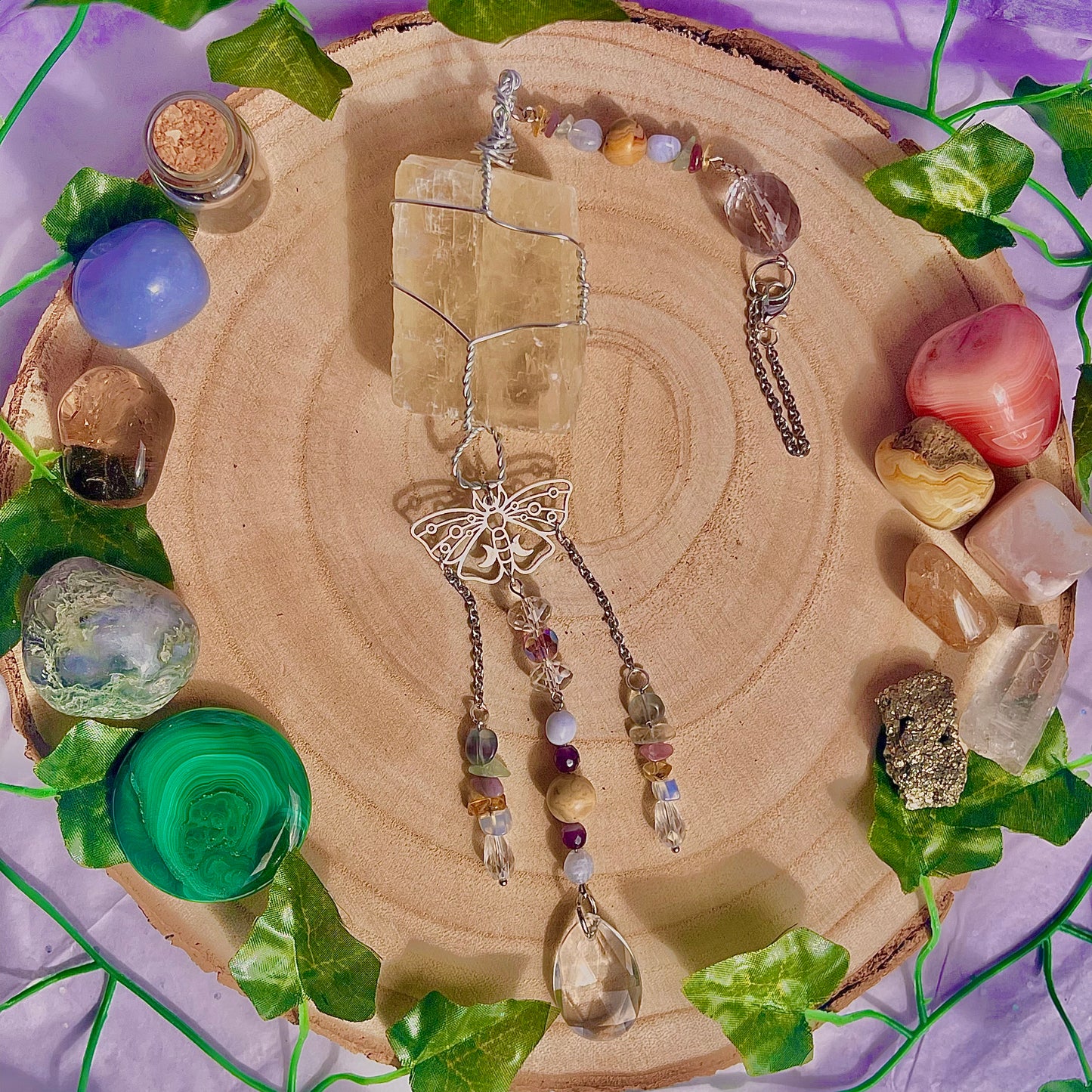 butterfly garden suncatcher / wall hanging ~ optical calcite, crazy lace, blue lace, citrine, lepidolite, fluorite & amethyst