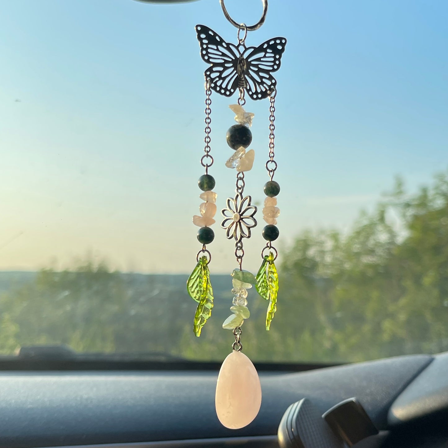 self car charm - rose quartz, moss agate, clear quartz & aventurine