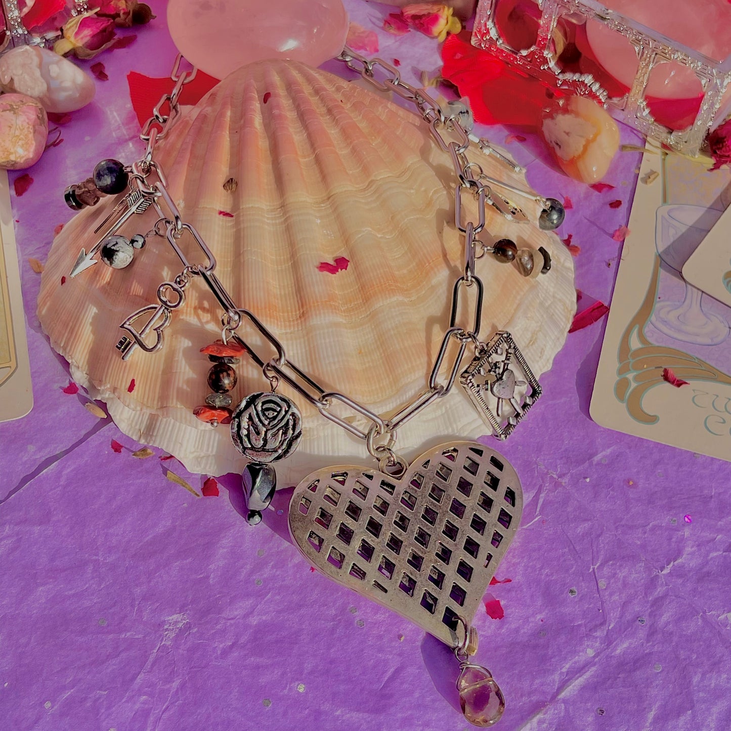 healing heart stainless steel charm necklace ~ smokey quartz, hematite, snowflake & mahogany obsidian, tourmalinated quartz, red jasper, red tigers eye, black moonstone & larvikite