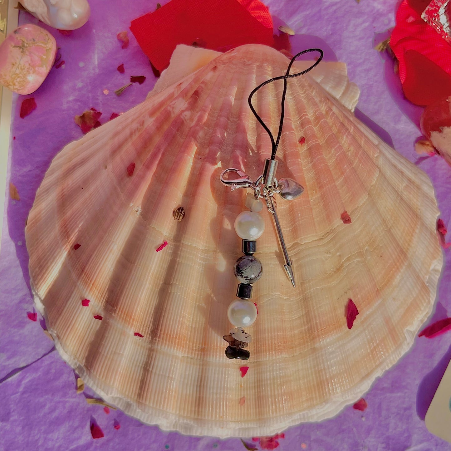 arrow through the heart phone charm ~ black moonstone, snowflake obsidian, hematite, tourmalinated quartz, smokey quartz, black obsidian & faux pearls