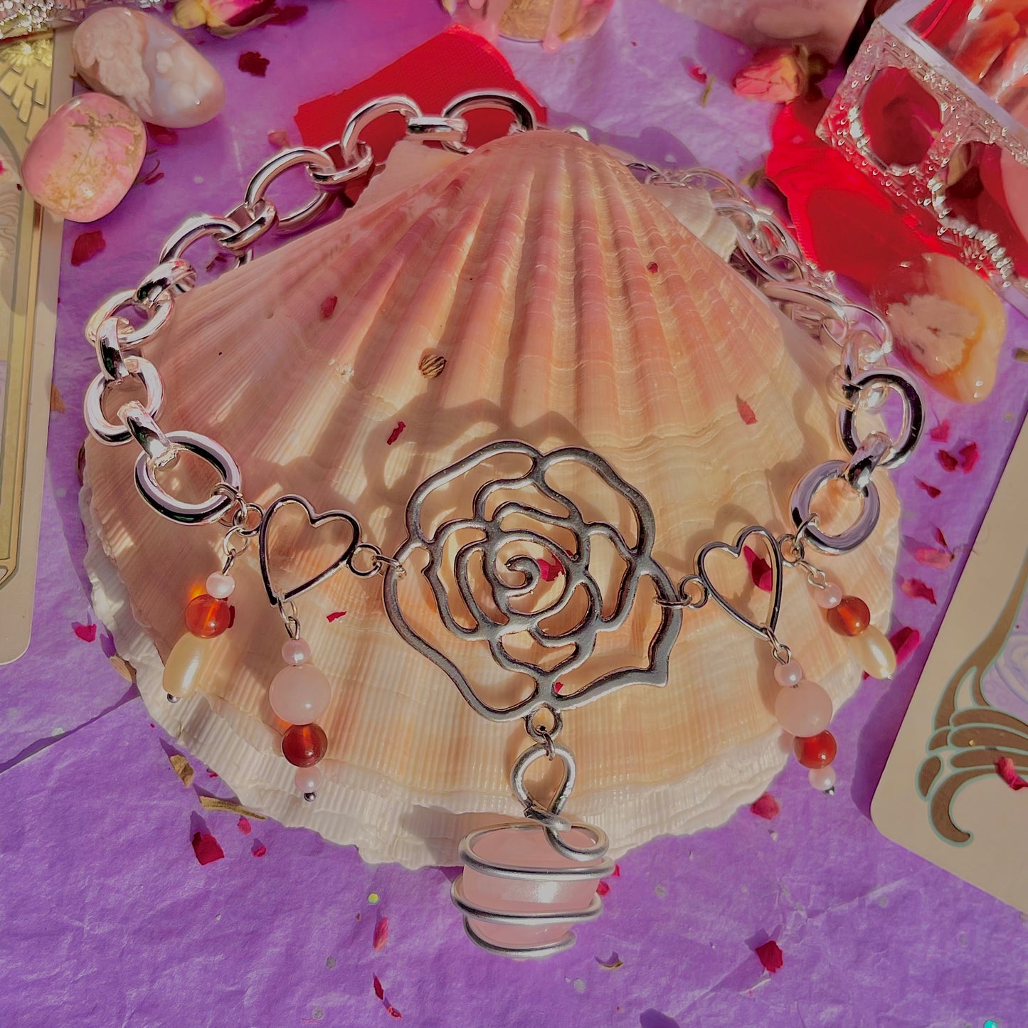 single rose chunky stainless steel necklace ~ rose quartz, carnelian & faux pearls