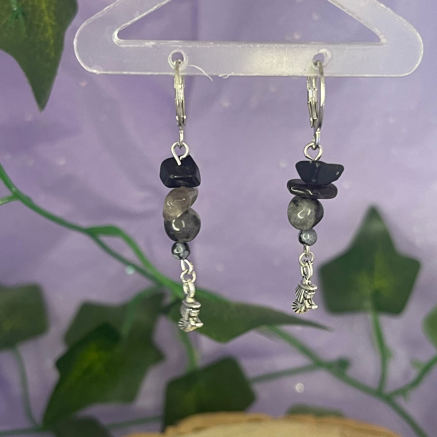 witches earrings (obsidian, smokey quartz, larvikite, snowflake obsidian)