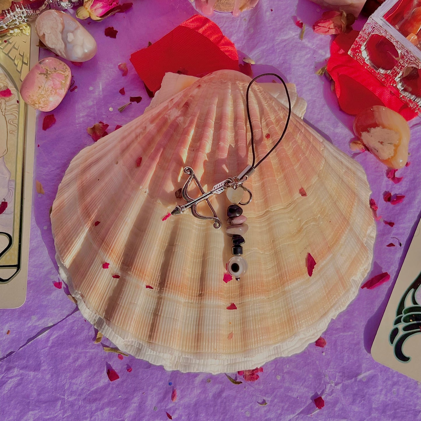 bow and arrow heart phone charm ~ amazonite, black obsidian, rhodonite & hematite