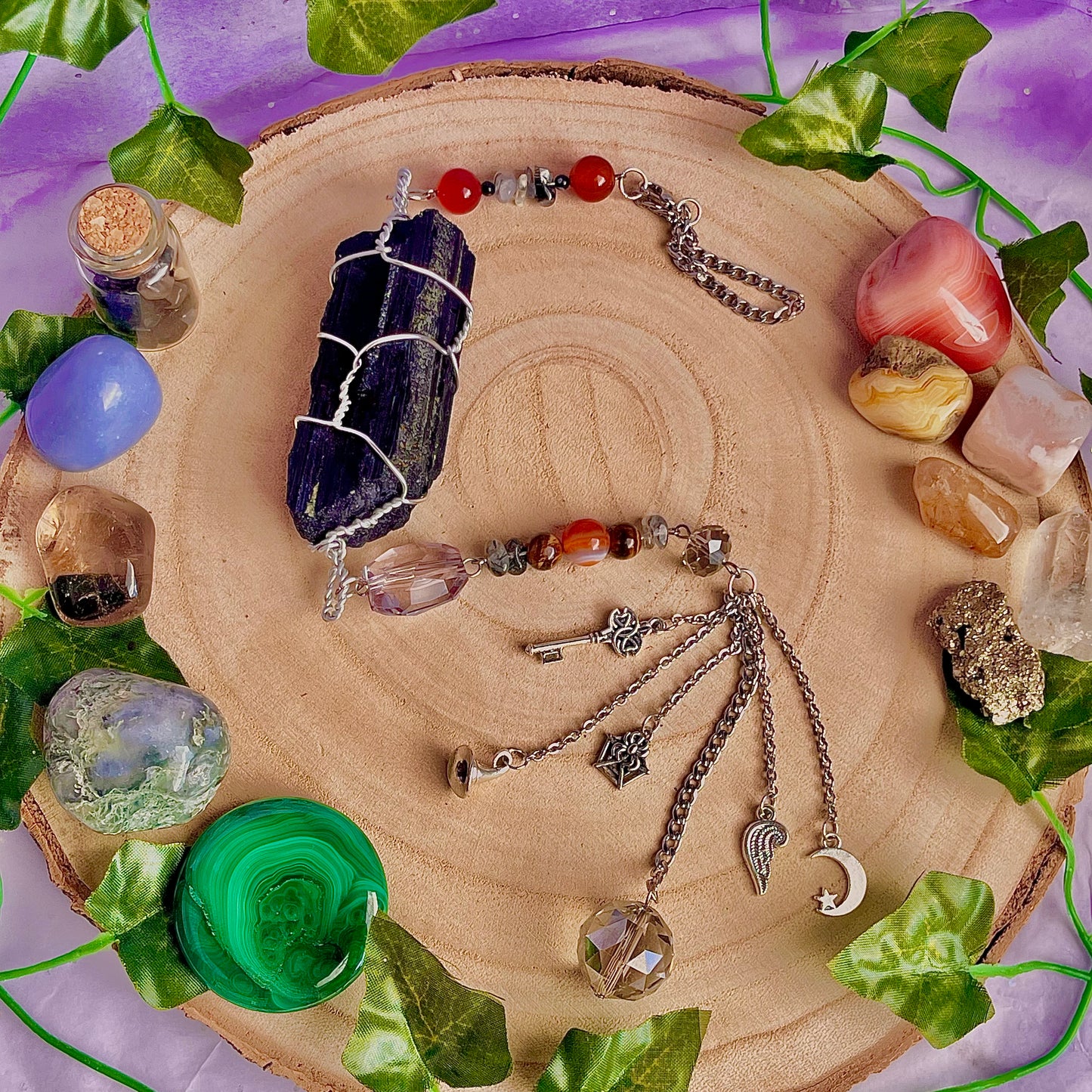 witches cupboard suncatcher / wall hanging ~ black tourmaline, carnelian, tourmaline in quartz, snowflake obsidian & tigers eye