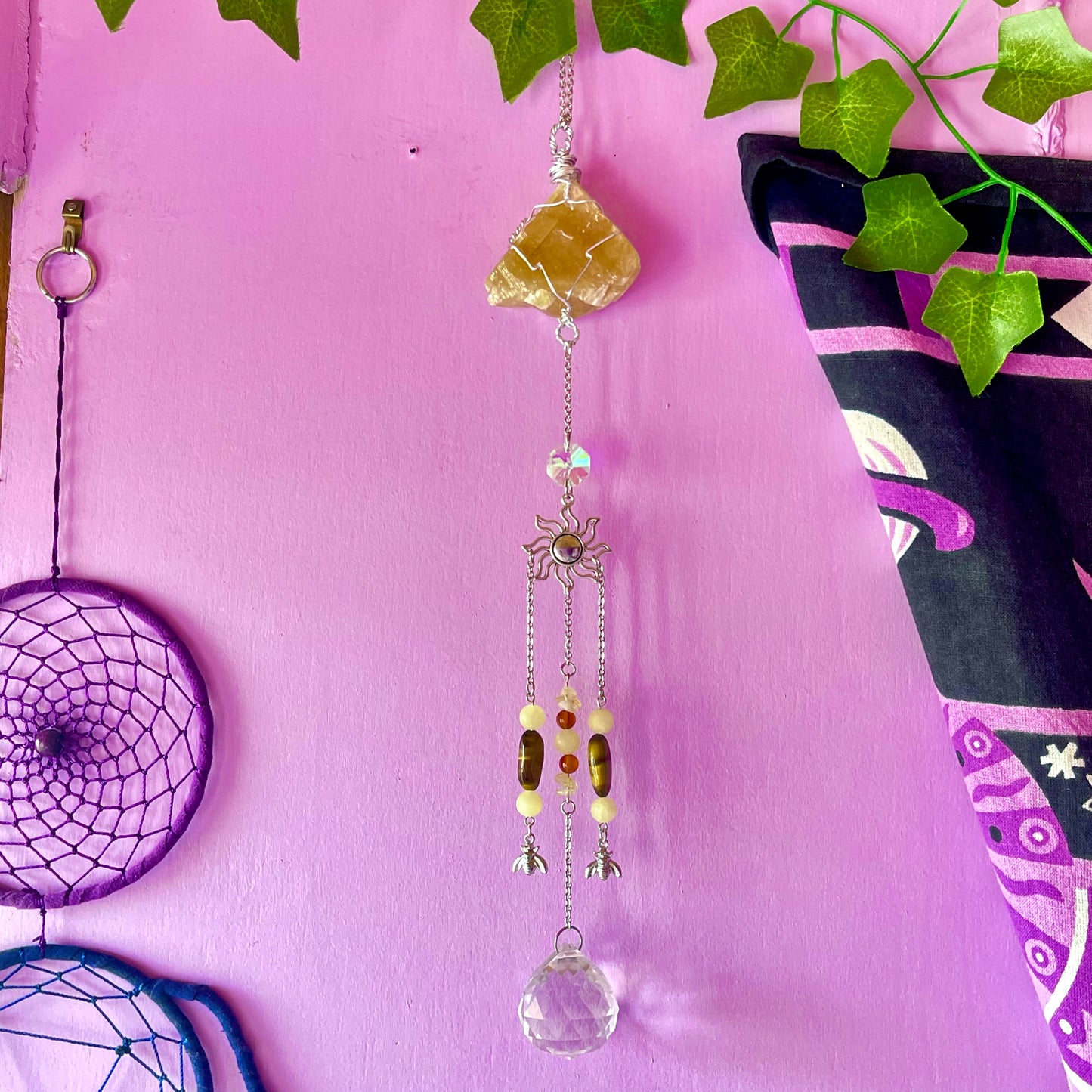 honey bee sun catcher - honey calcite, carnelian, tigers eye & calcite
