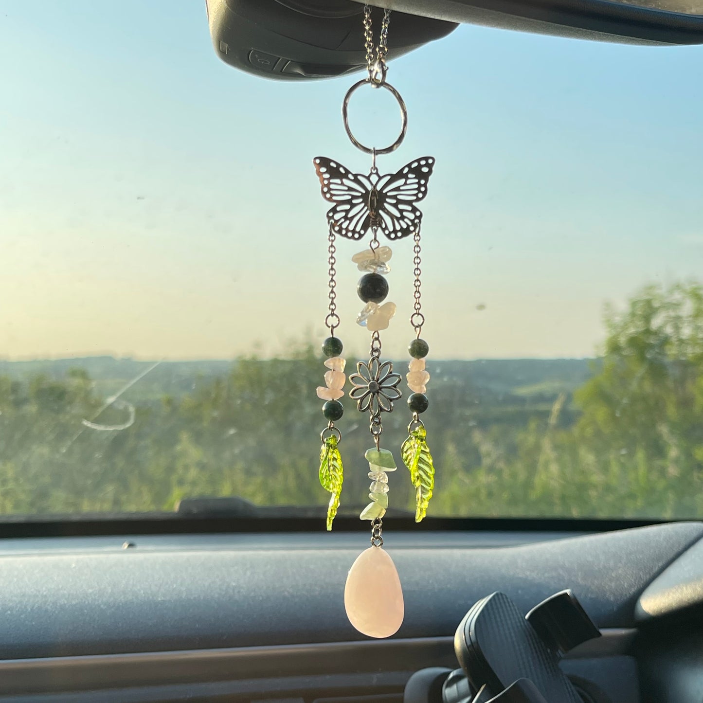 self car charm - rose quartz, moss agate, clear quartz & aventurine