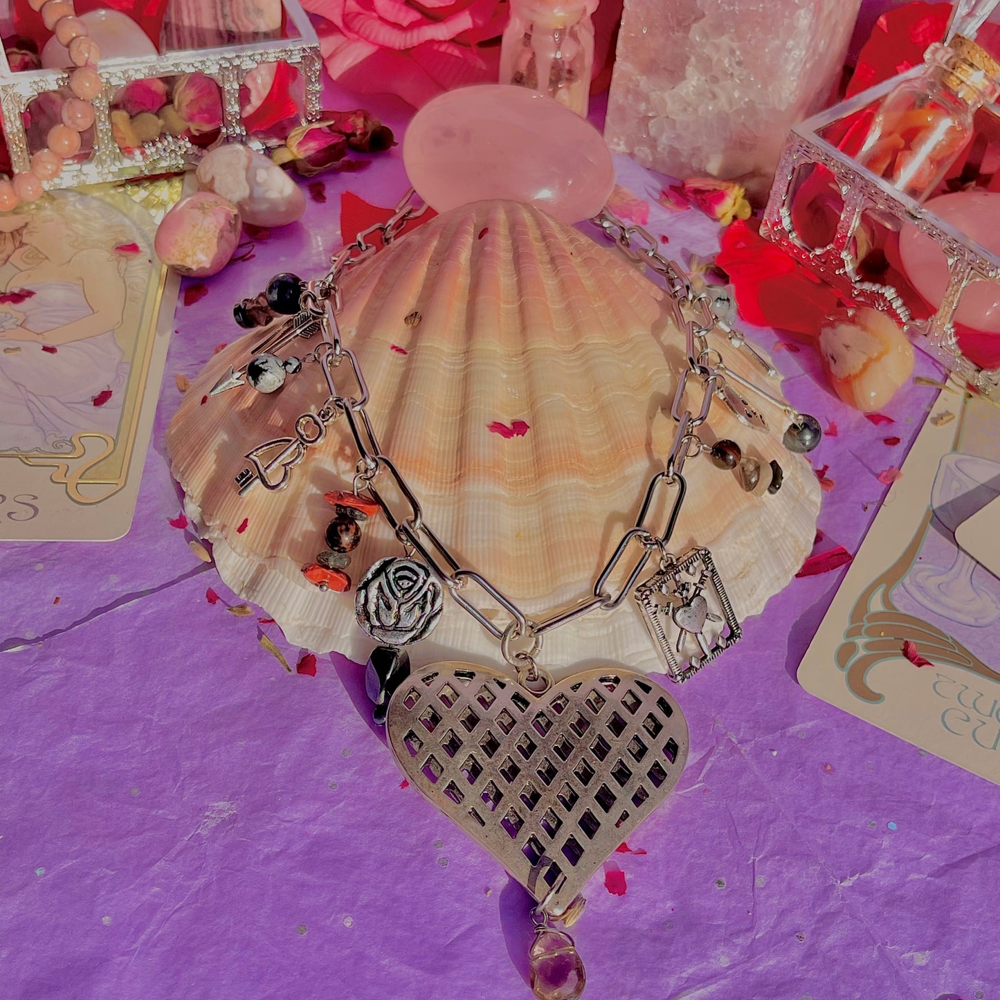 healing heart stainless steel charm necklace ~ smokey quartz, hematite, snowflake & mahogany obsidian, tourmalinated quartz, red jasper, red tigers eye, black moonstone & larvikite