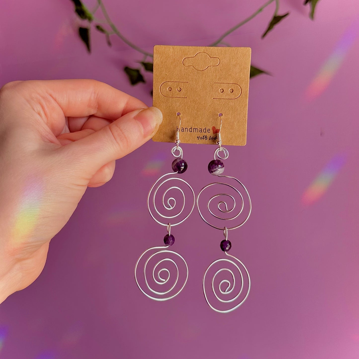 amethyst double spiral earrings on 925 hooks