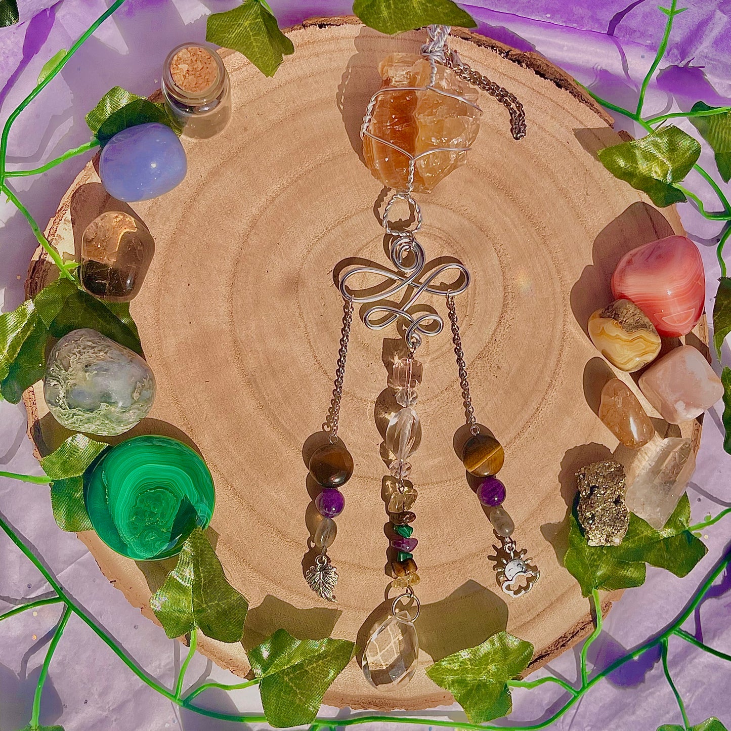 autumn sun suncatcher / wall hanging ~ honey calcite, tigers eye, amethyst, labradorite, malachite & citrine