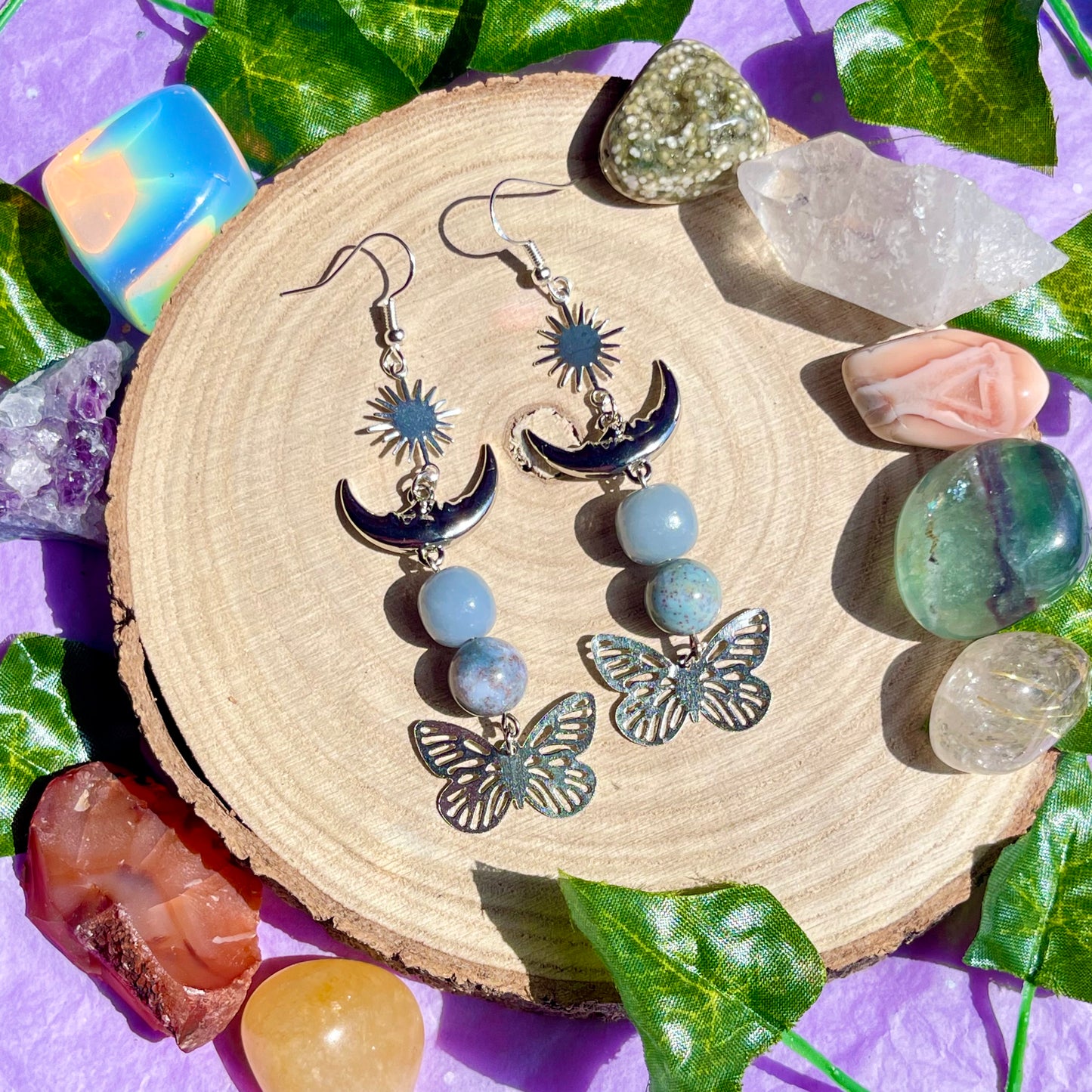 summer wings earrings - angelite & moss agate on 925 hooks