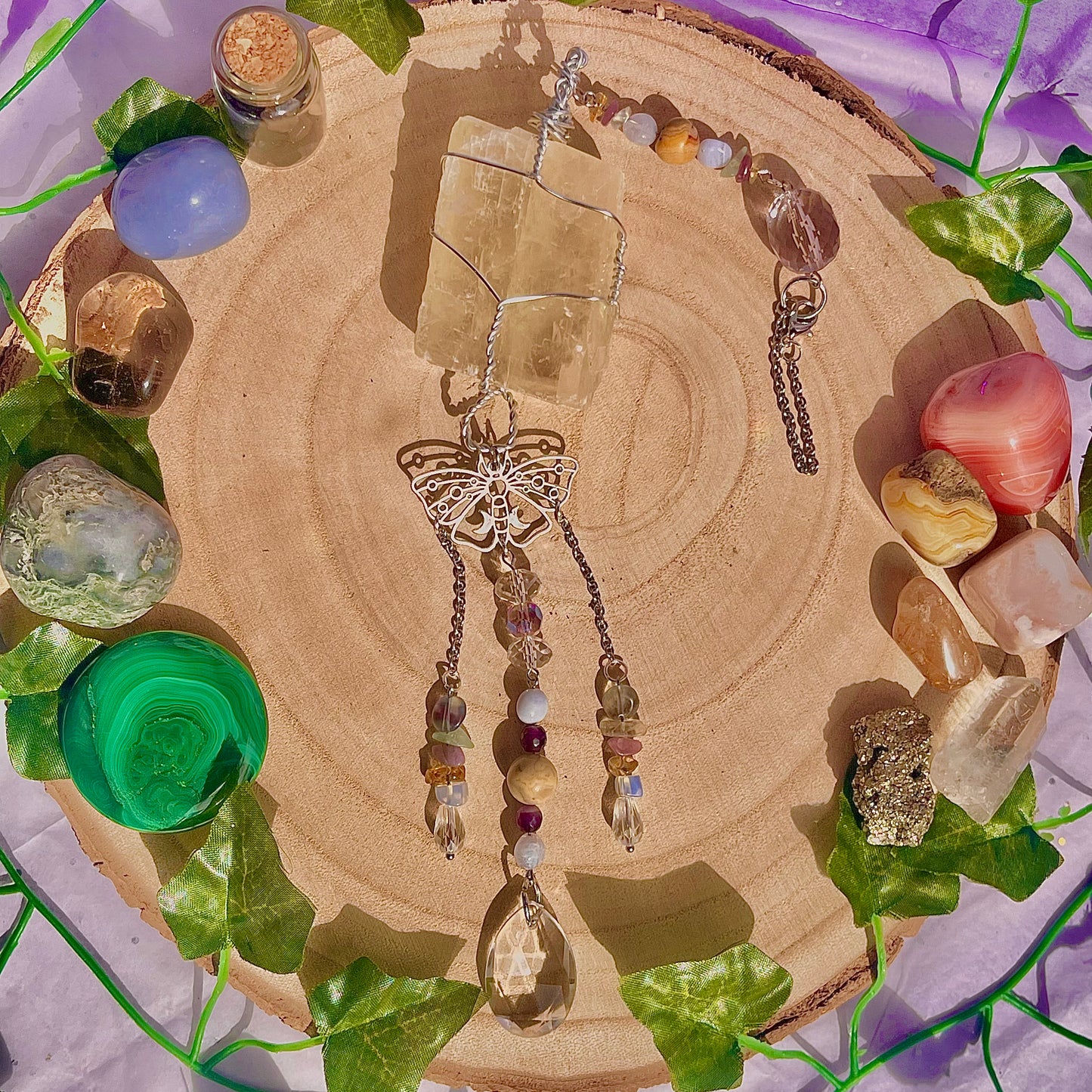 butterfly garden suncatcher / wall hanging ~ optical calcite, crazy lace, blue lace, citrine, lepidolite, fluorite & amethyst