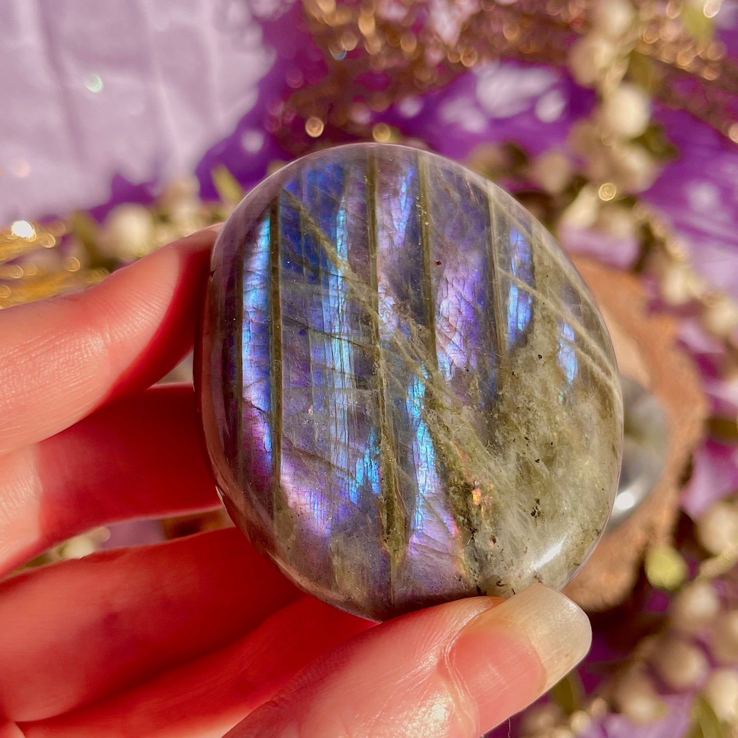 labradorite palm stone sunset flash ~ intuitively chosen
