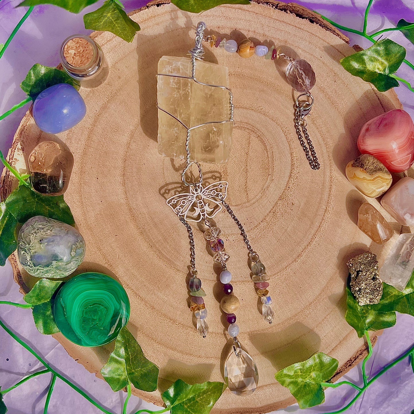 butterfly garden suncatcher / wall hanging ~ optical calcite, crazy lace, blue lace, citrine, lepidolite, fluorite & amethyst
