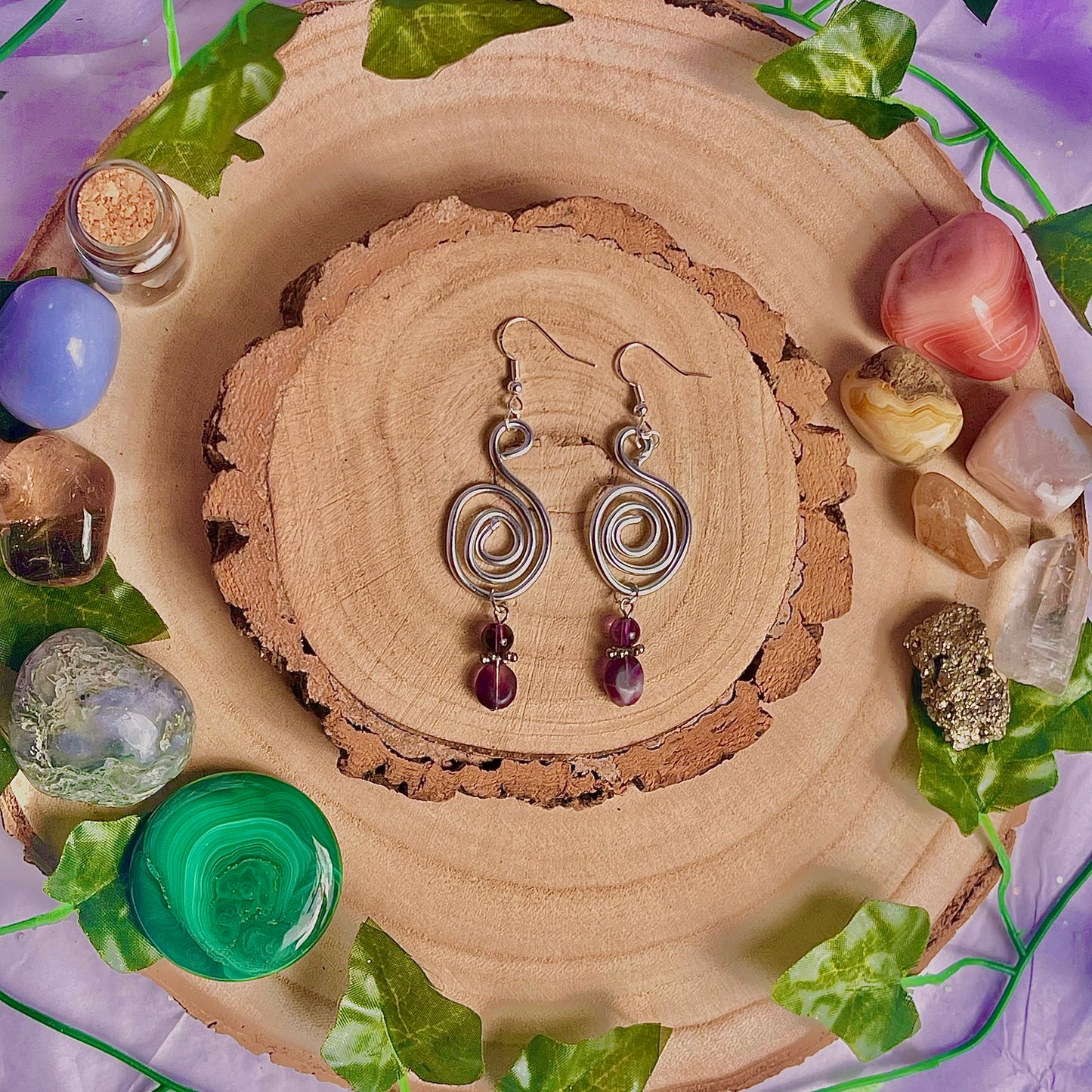 spiral swirl earrings ~ amethyst & fluorite on 925 hooks (aluminium wire)