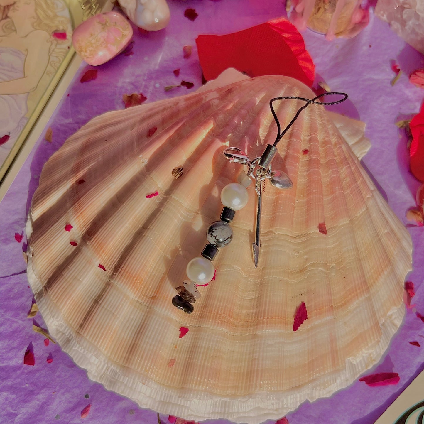 arrow through the heart phone charm ~ black moonstone, snowflake obsidian, hematite, tourmalinated quartz, smokey quartz, black obsidian & faux pearls