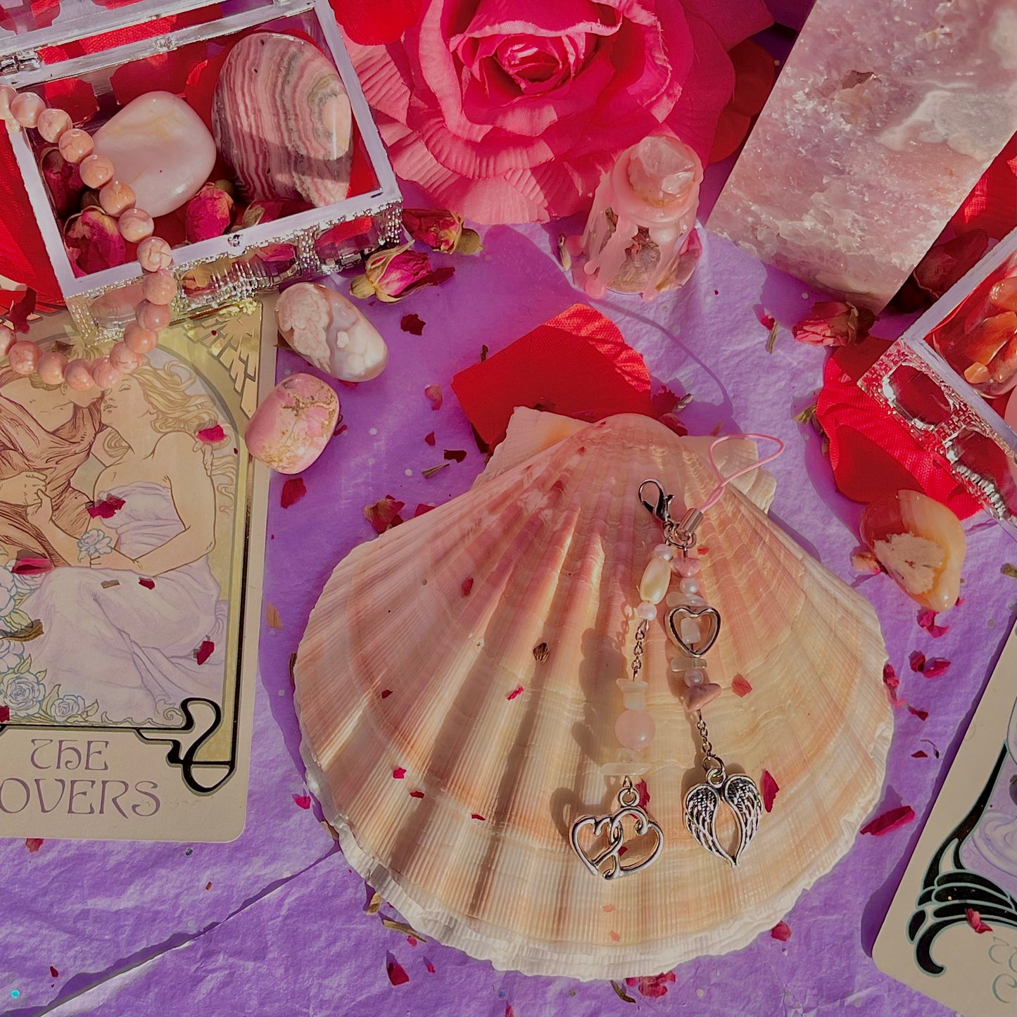 angel heart phone charm ~ rose quartz, moonstone, rhodonite & faux pearls
