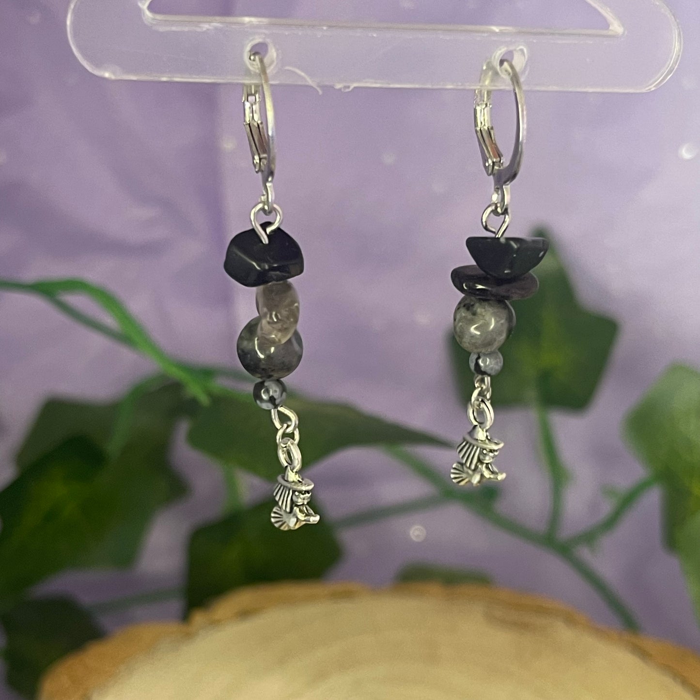 witches earrings (obsidian, smokey quartz, larvikite, snowflake obsidian)