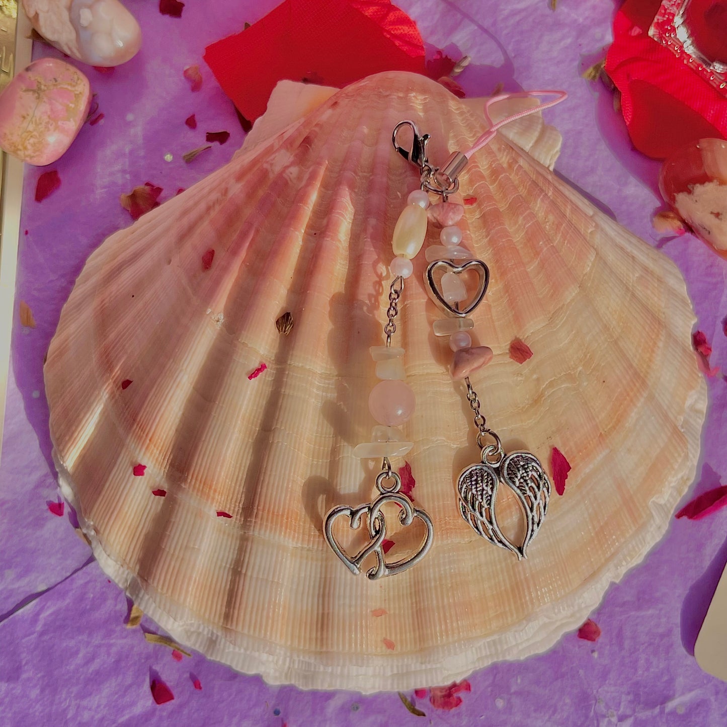 angel heart phone charm ~ rose quartz, moonstone, rhodonite & faux pearls