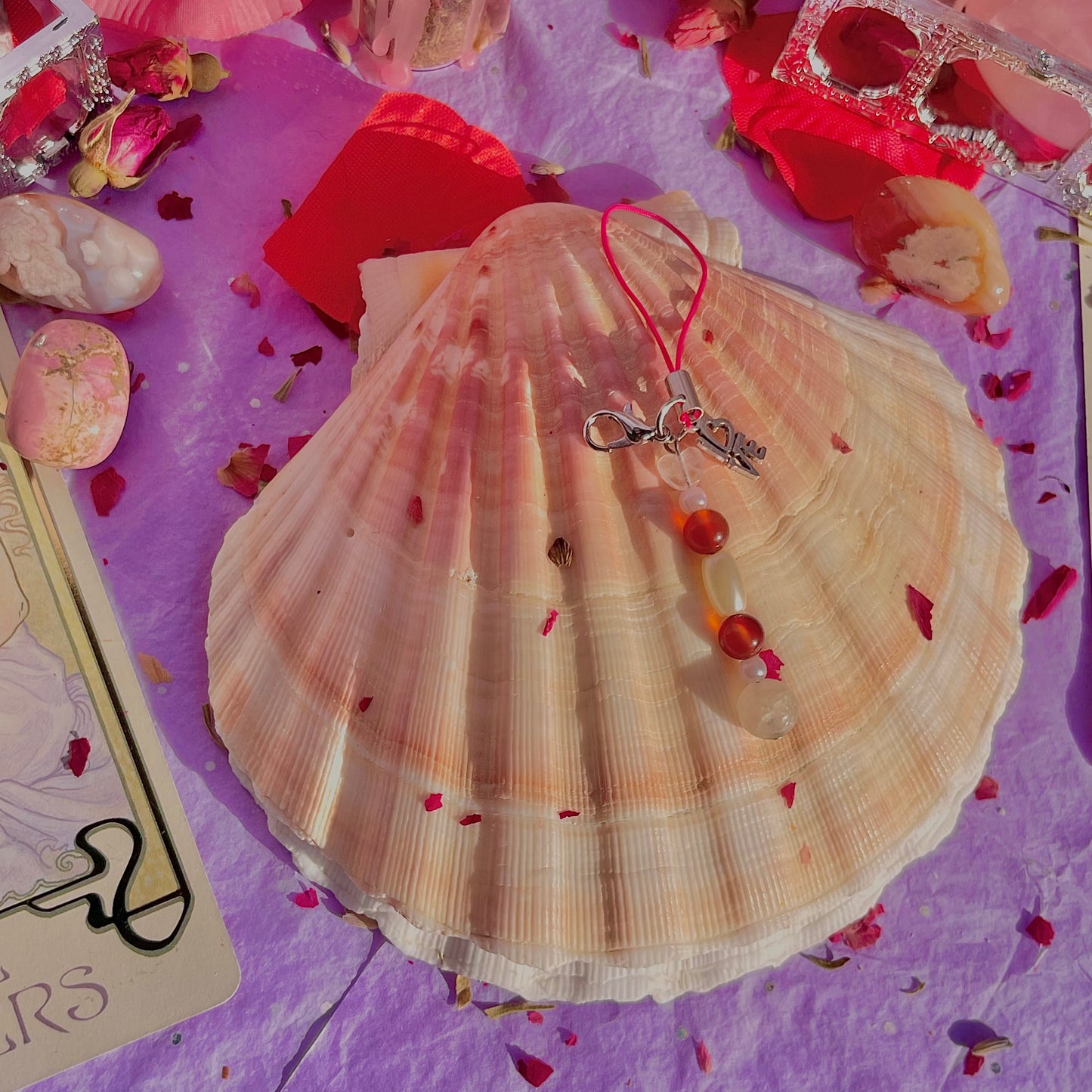 l-o-v-e phone charm ~ rose quartz, carnelian, morganite & faux pearls