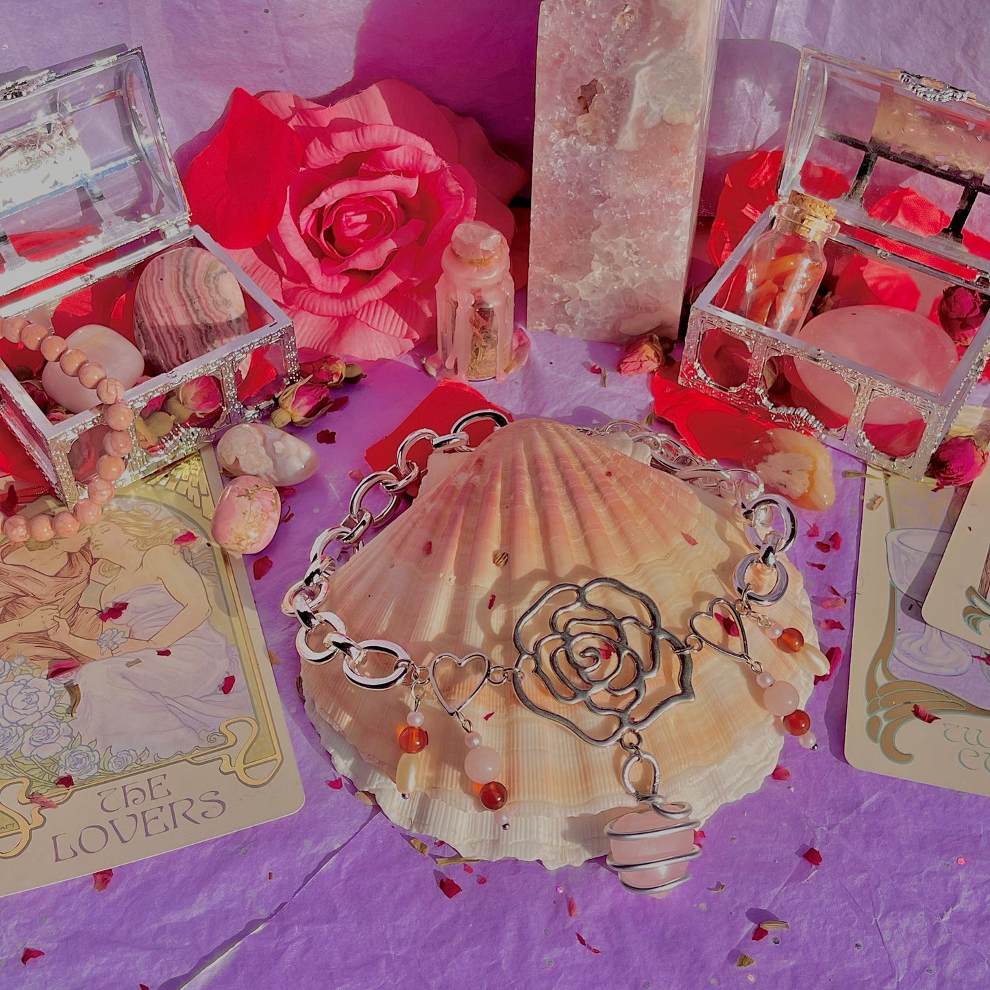 single rose chunky stainless steel necklace ~ rose quartz, carnelian & faux pearls