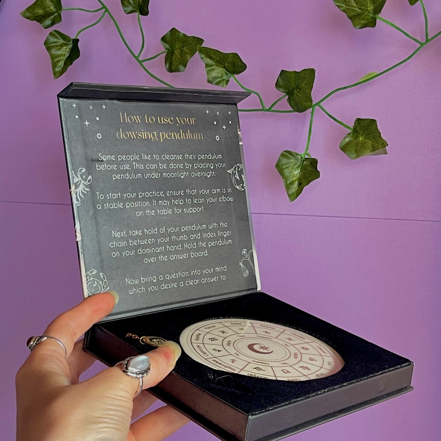 astrology wheel pendulum ceramic divination set ~ with black obsidian pendulum