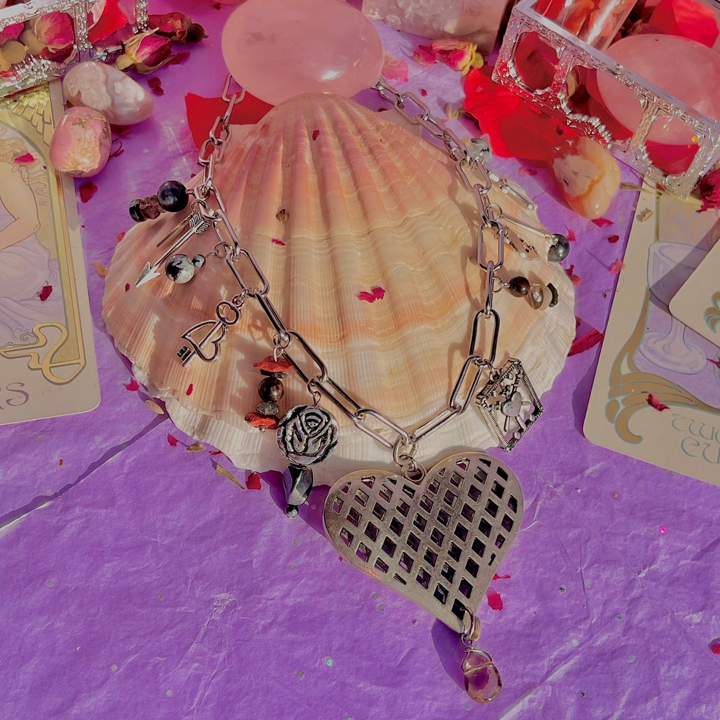 healing heart stainless steel charm necklace ~ smokey quartz, hematite, snowflake & mahogany obsidian, tourmalinated quartz, red jasper, red tigers eye, black moonstone & larvikite