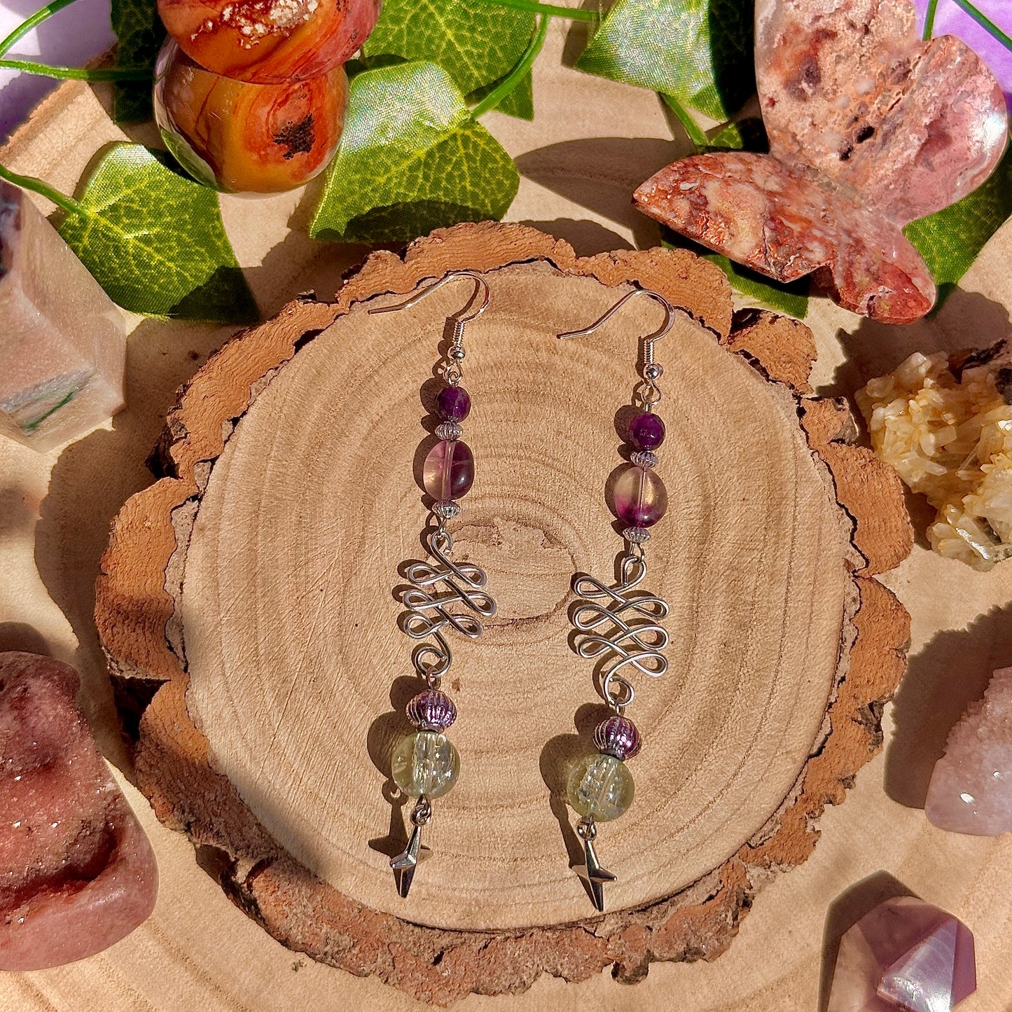 sunset lanterns earrings ~ amethyst, fluorite on 925 hooks
