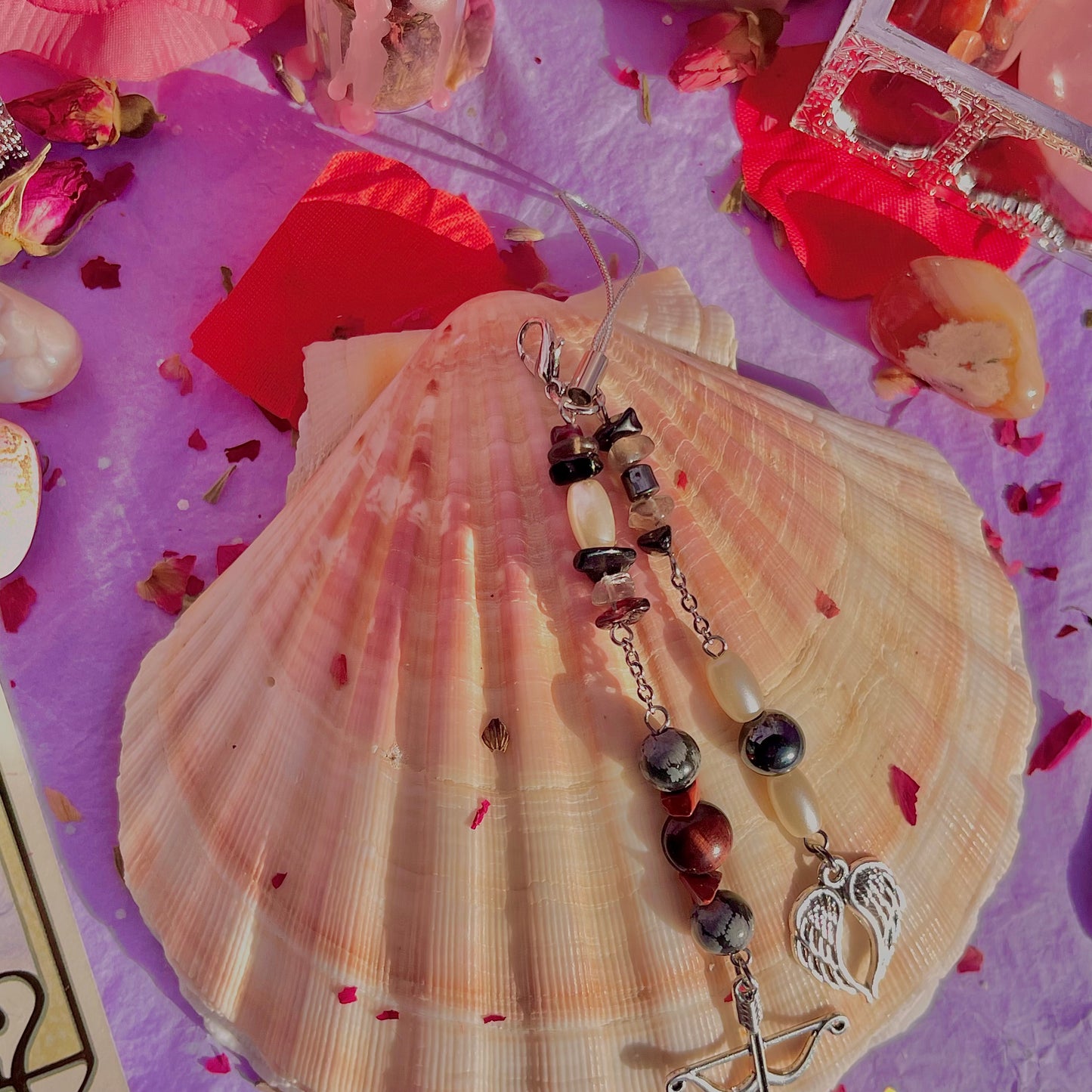 angels arrow phone charm ~ garnet, smokey quartz, black obsidian, snowflake obsidian, red jasper, red tigers eye, hematite & faux pearls