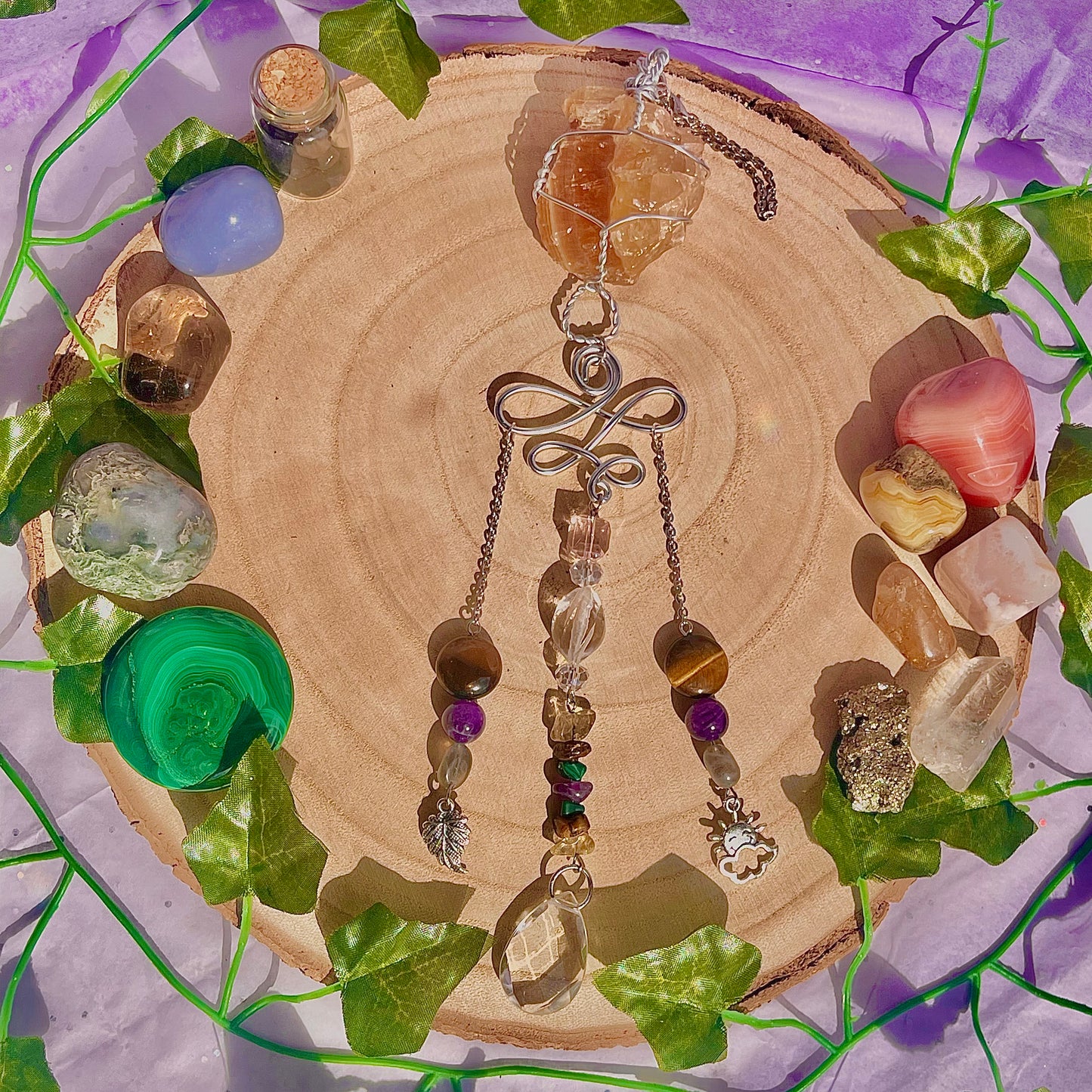 autumn sun suncatcher / wall hanging ~ honey calcite, tigers eye, amethyst, labradorite, malachite & citrine