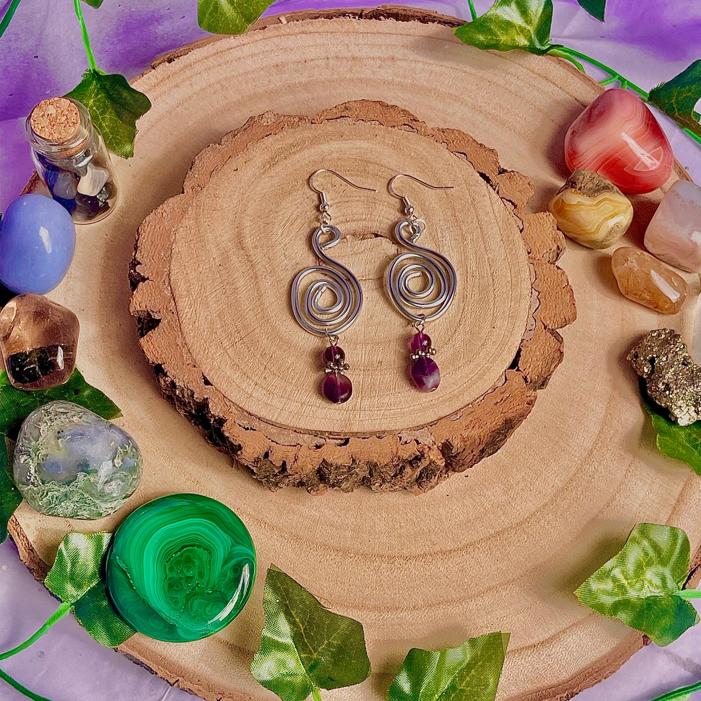 spiral swirl earrings ~ amethyst & fluorite on 925 hooks (aluminium wire)