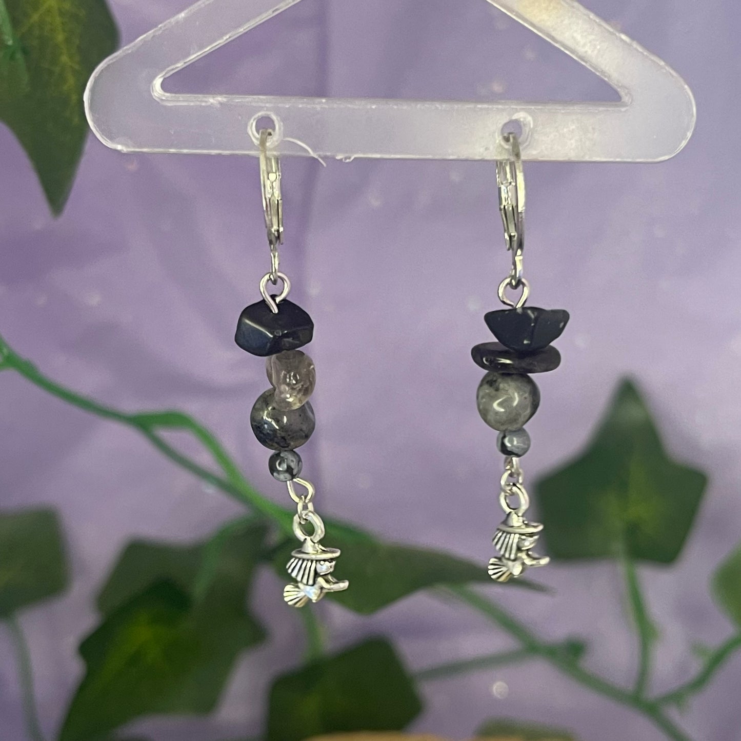 witches earrings (obsidian, smokey quartz, larvikite, snowflake obsidian)