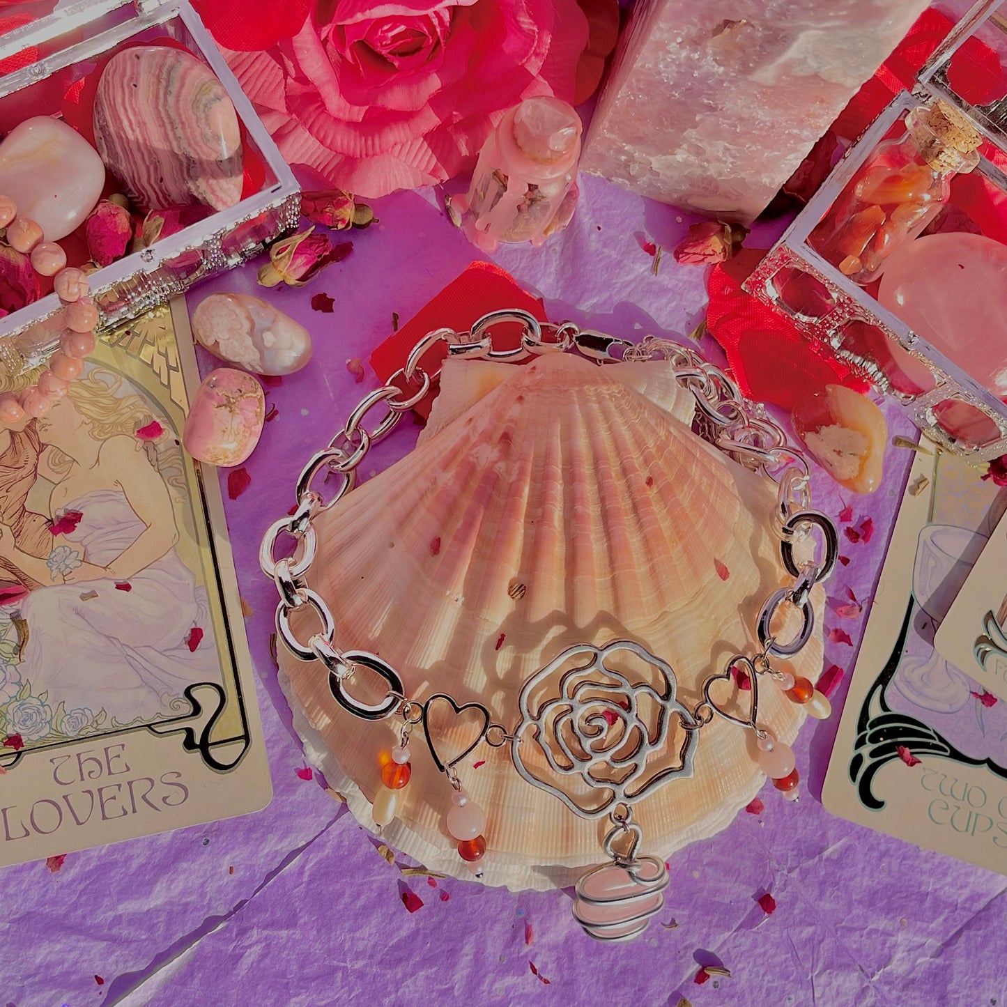 single rose chunky stainless steel necklace ~ rose quartz, carnelian & faux pearls