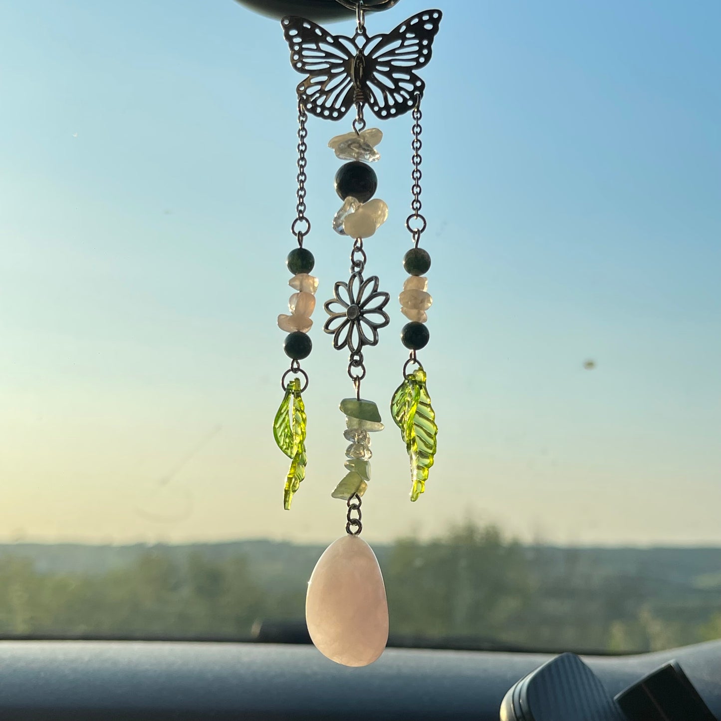 self car charm - rose quartz, moss agate, clear quartz & aventurine