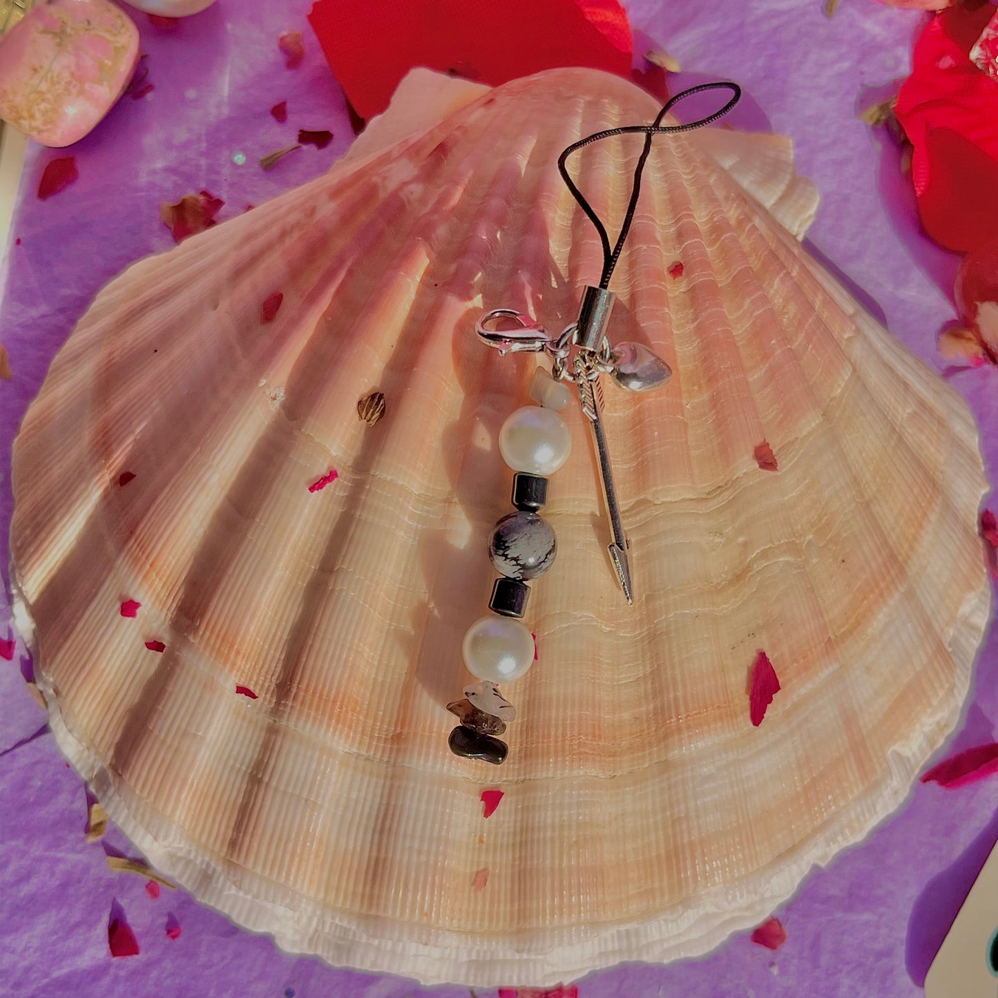 arrow through the heart phone charm ~ black moonstone, snowflake obsidian, hematite, tourmalinated quartz, smokey quartz, black obsidian & faux pearls