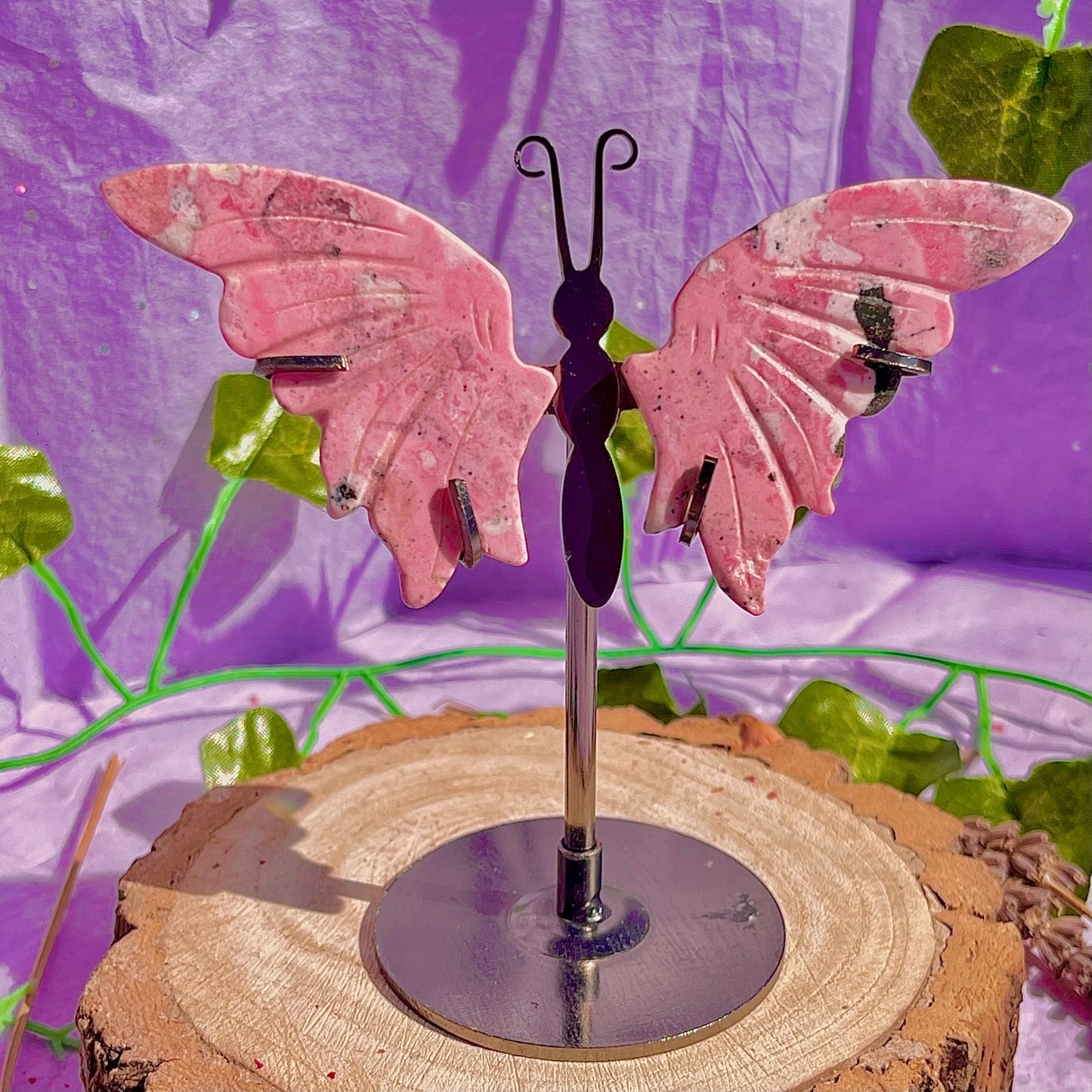 rhodonite butterfly wings on stand