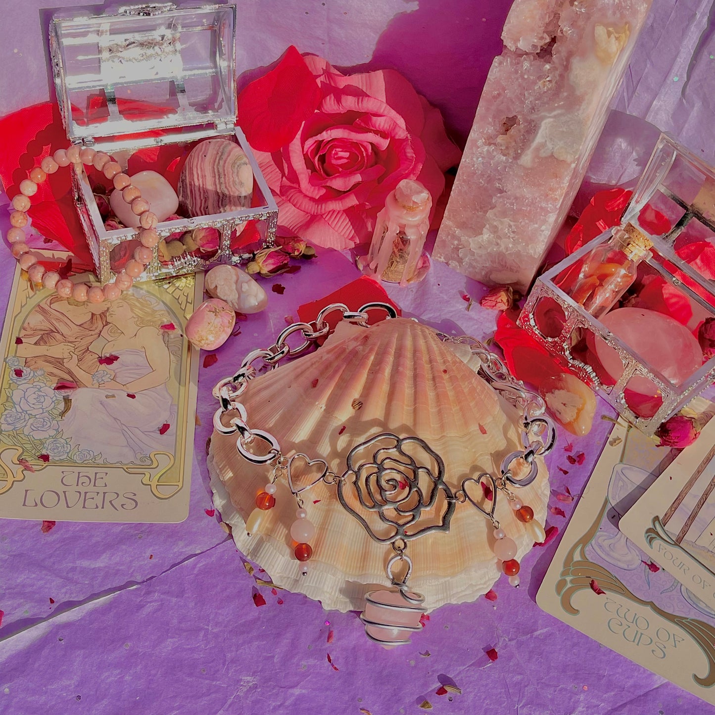 single rose chunky stainless steel necklace ~ rose quartz, carnelian & faux pearls