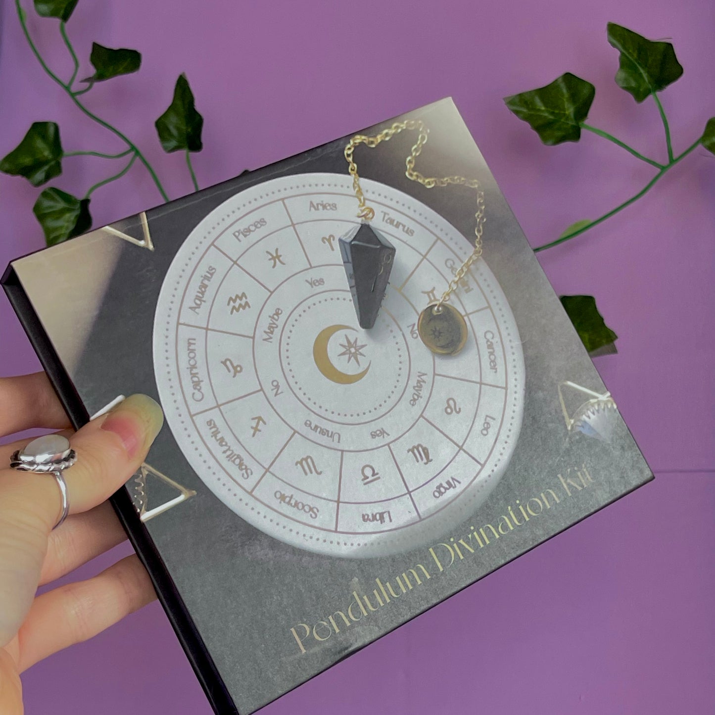 astrology wheel pendulum ceramic divination set ~ with black obsidian pendulum