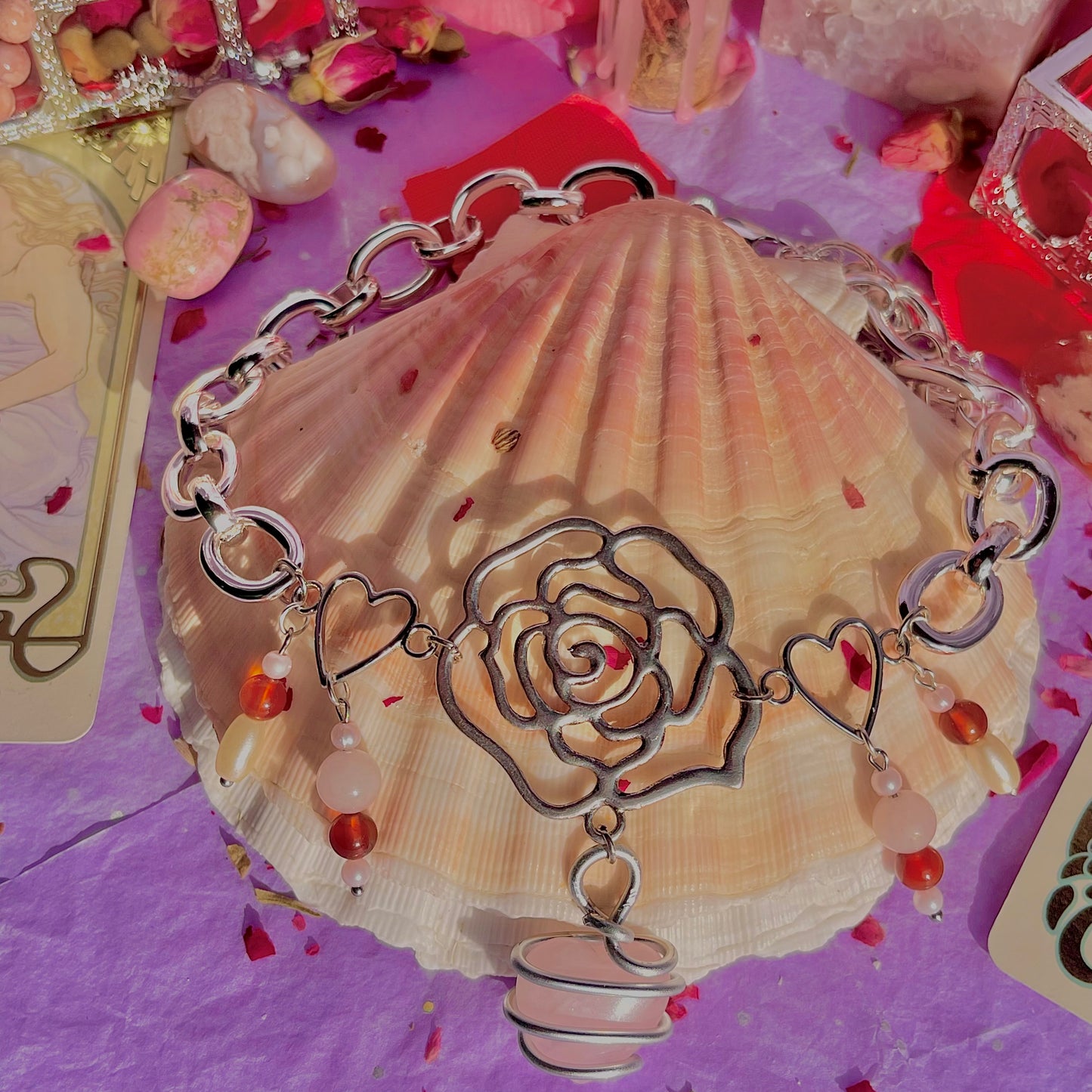 single rose chunky stainless steel necklace ~ rose quartz, carnelian & faux pearls