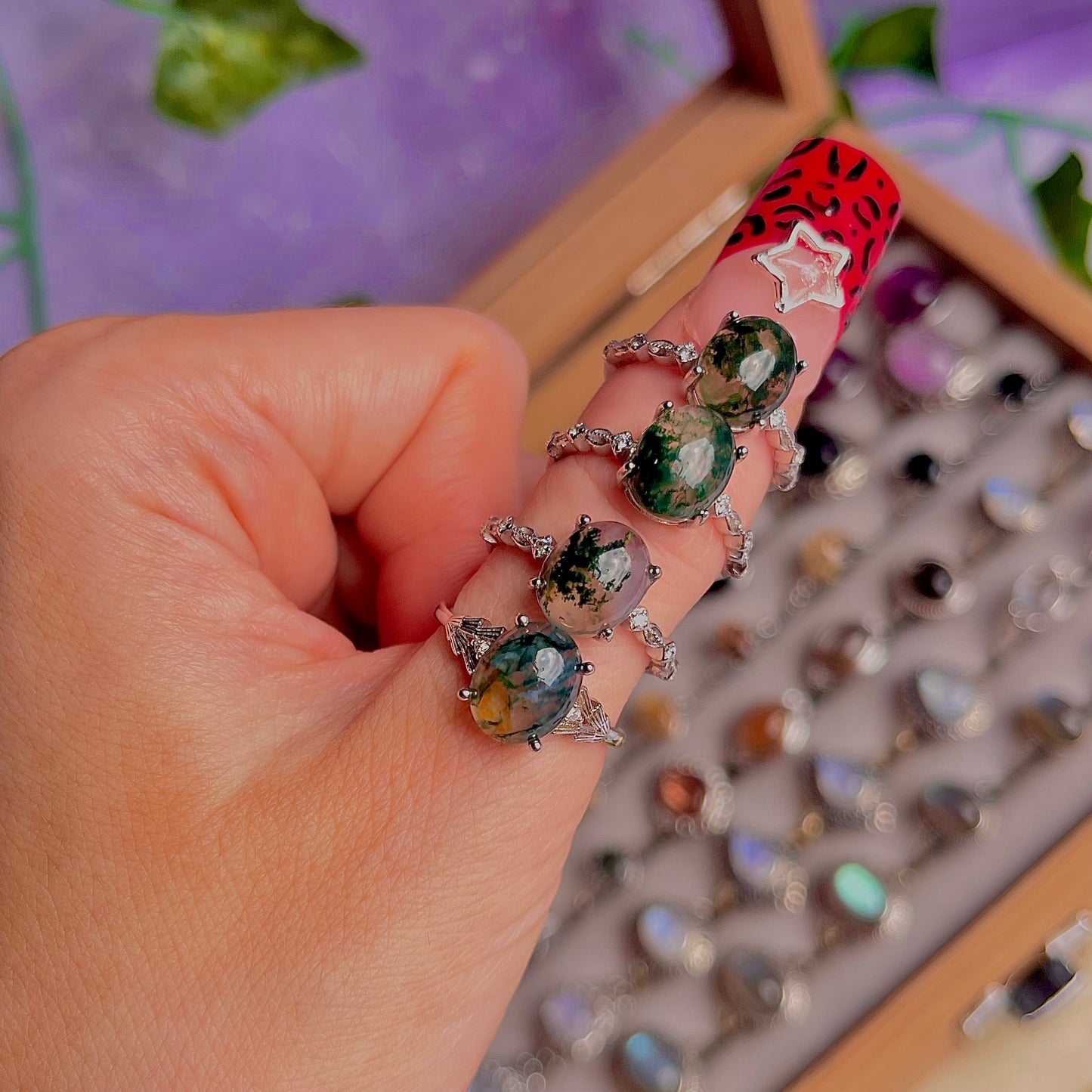 moss agate style B ~ 925 sterling silver adjustable rings / choose your own