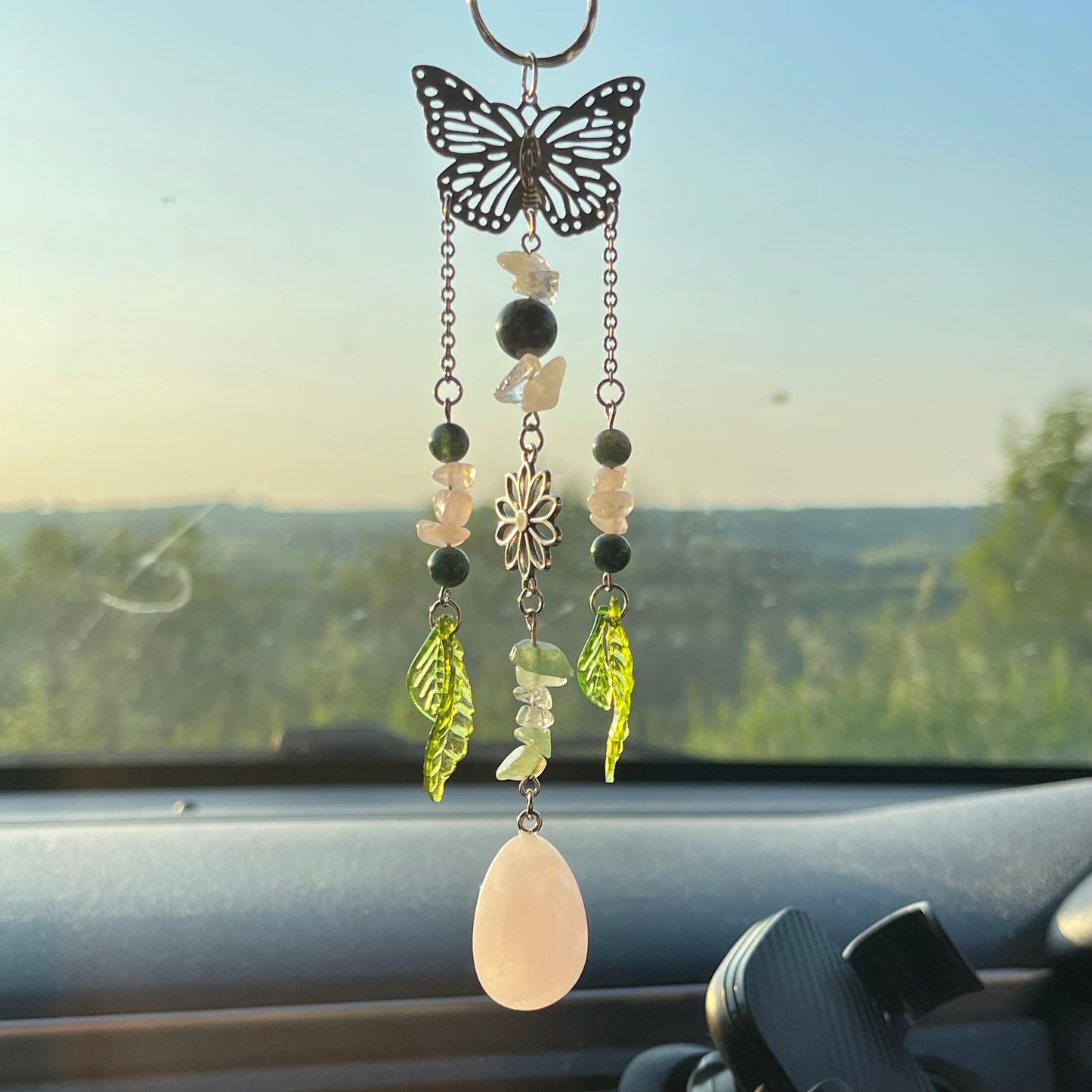 self car charm - rose quartz, moss agate, clear quartz & aventurine