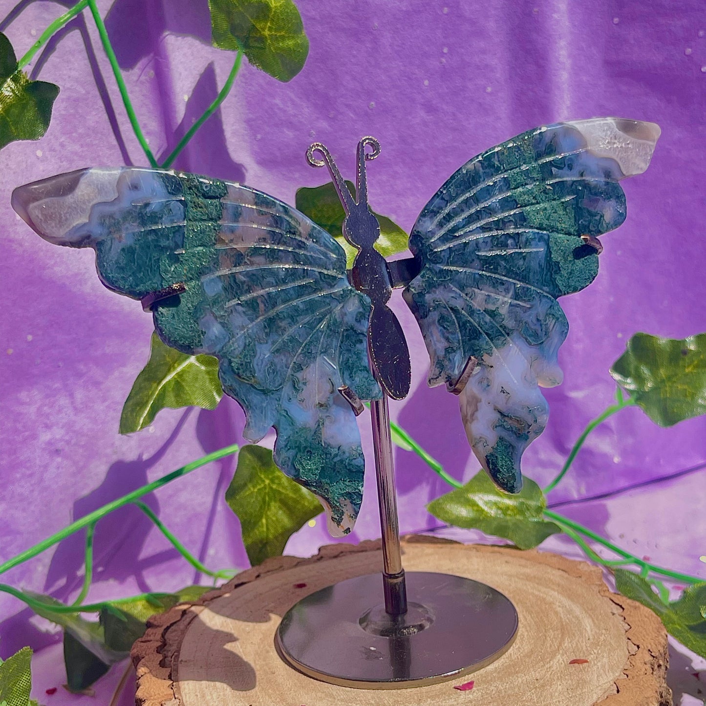 moss agate butterfly wings on stand