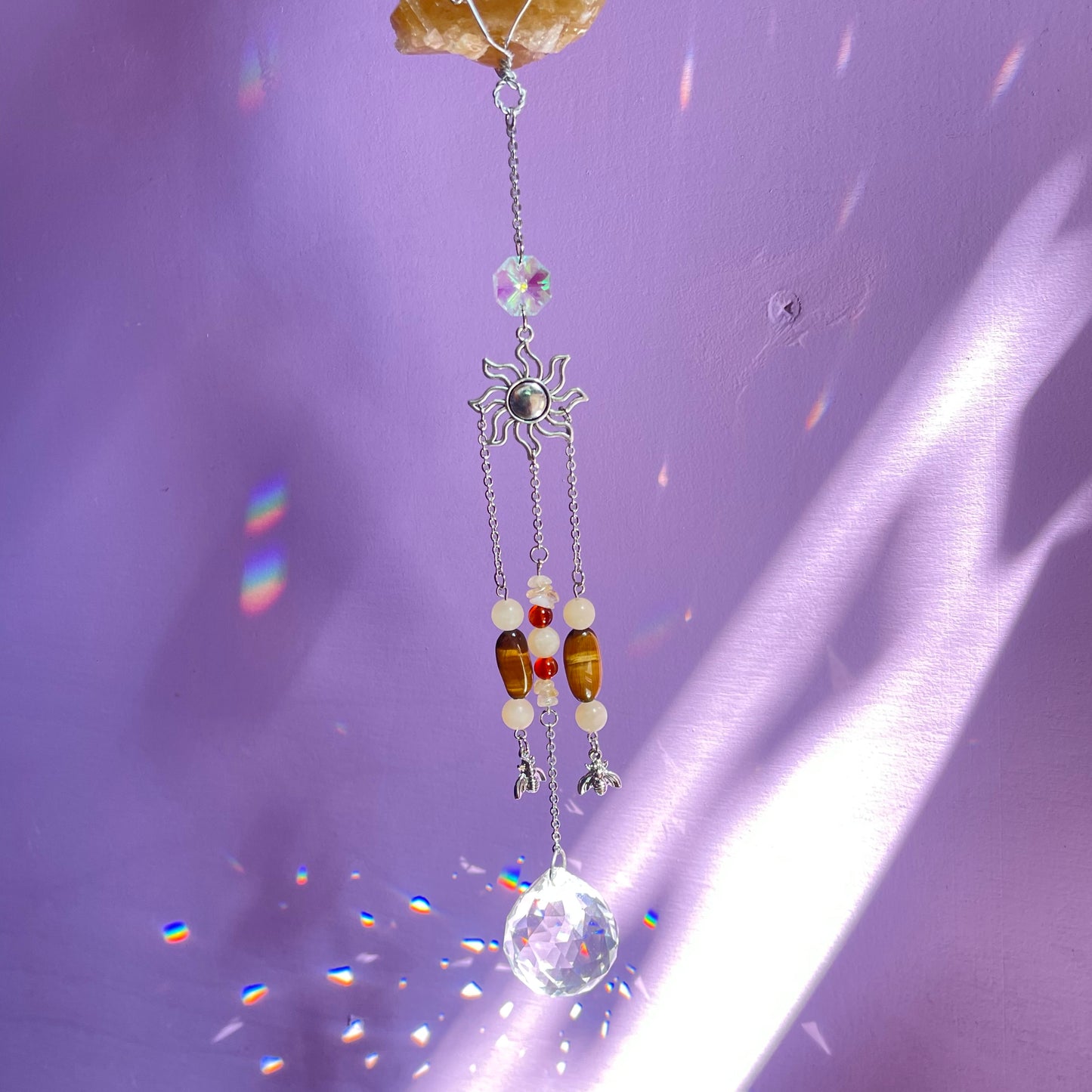 honey bee sun catcher - honey calcite, carnelian, tigers eye & calcite