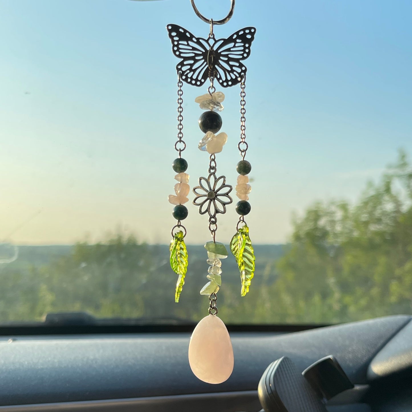 self car charm - rose quartz, moss agate, clear quartz & aventurine