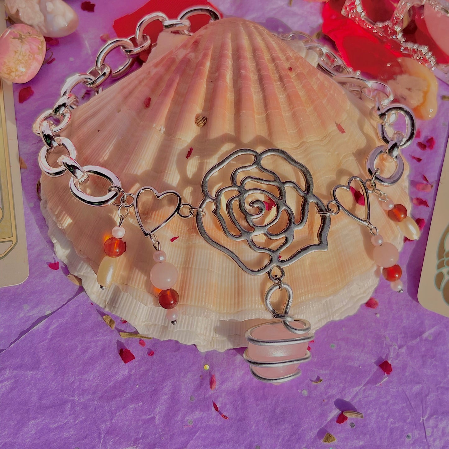 single rose chunky stainless steel necklace ~ rose quartz, carnelian & faux pearls