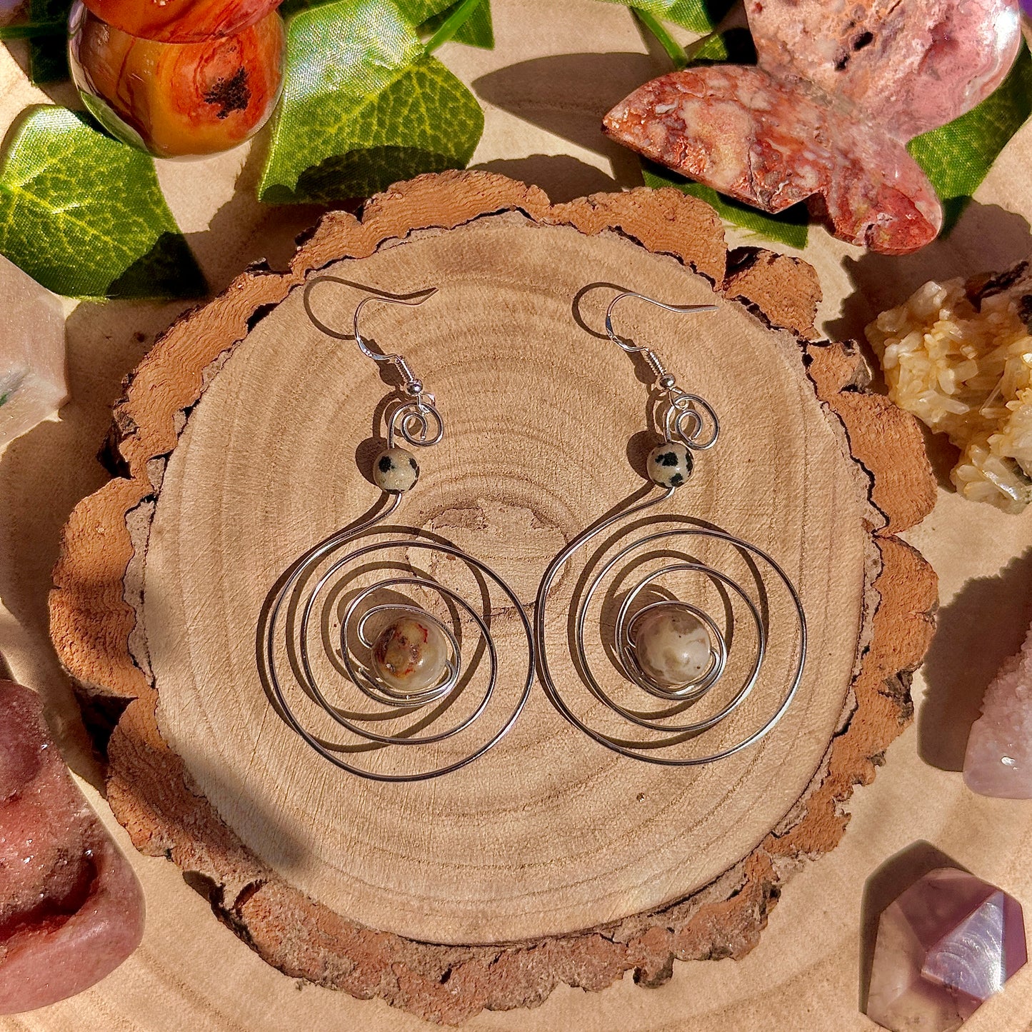dalmatian jasper & crazy lace spiral earrings ~ on 925 hooks