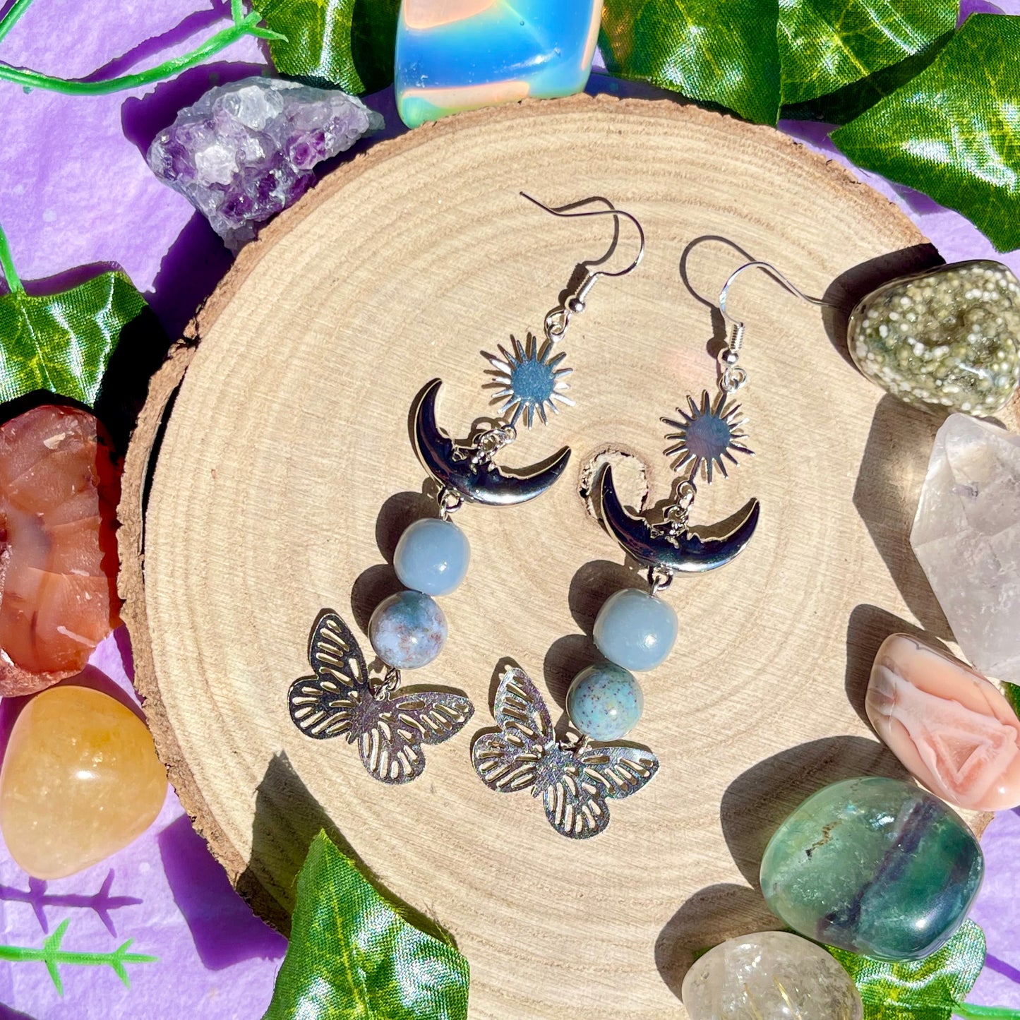 summer wings earrings - angelite & moss agate on 925 hooks