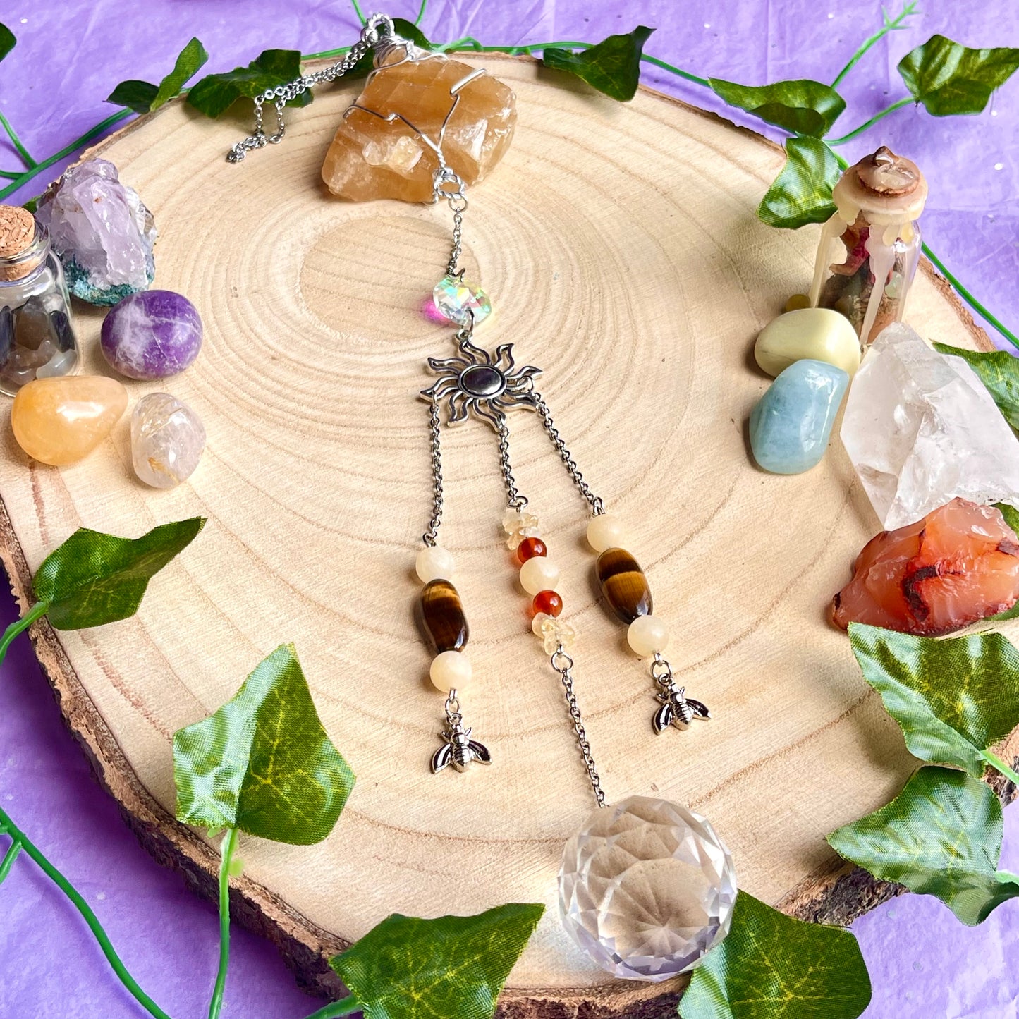 honey bee sun catcher - honey calcite, carnelian, tigers eye & calcite