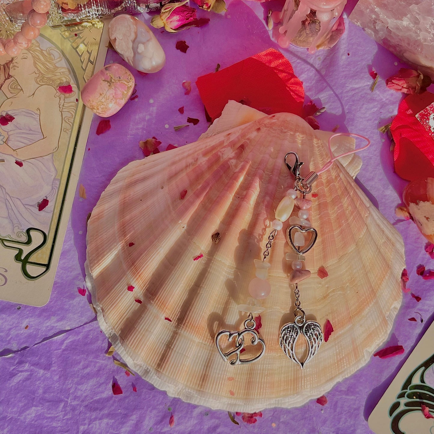 angel heart phone charm ~ rose quartz, moonstone, rhodonite & faux pearls