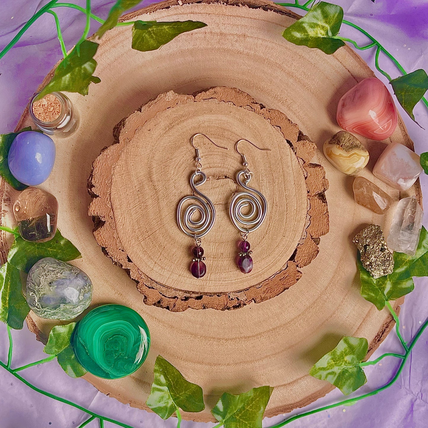 spiral swirl earrings ~ amethyst & fluorite on 925 hooks (aluminium wire)